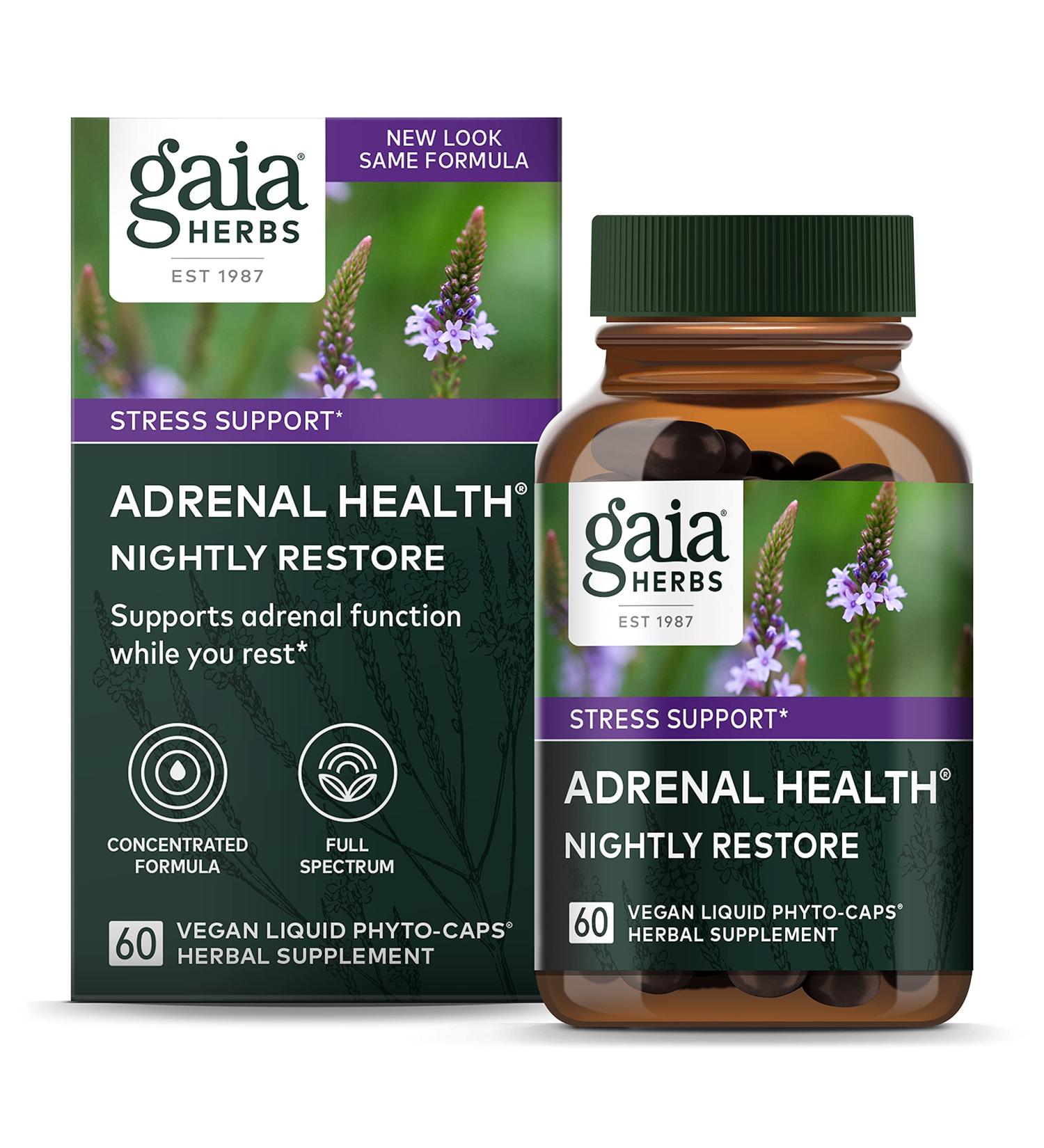 Gaia Herbs Adrenal Health Nightly Restore - 60 Vegan Liquid Phyto-Caps for Stress Relief - Buy Online on GoSupps.com