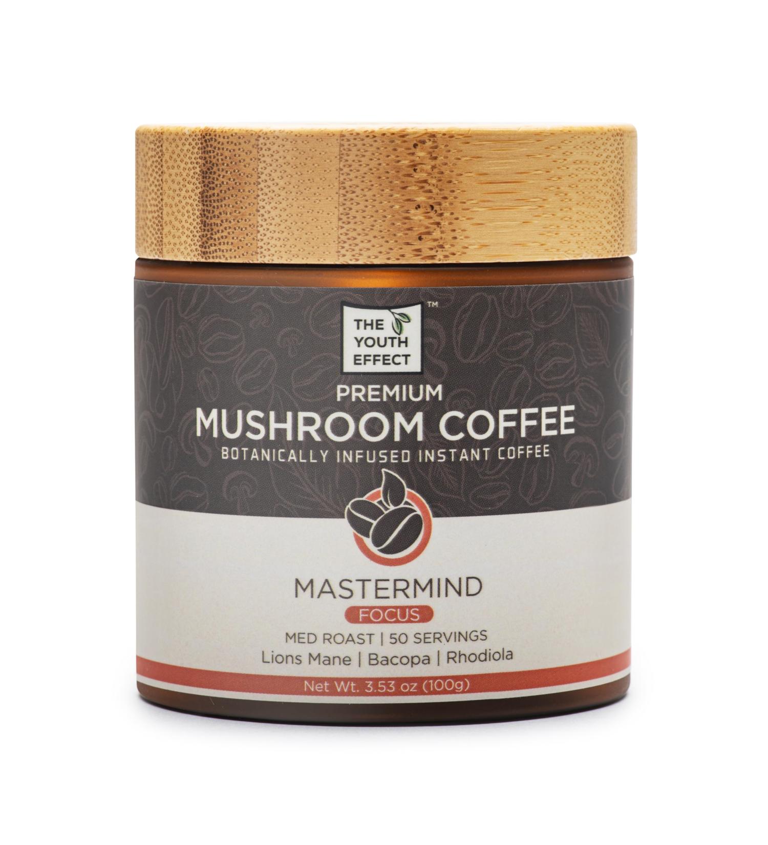 The Youth Effect Mushroom Coffee Infused with Organic Lion's Mane Bacopa & Rhodiola. Mushroom Coffee for All-Day Productivity & Creativity + Think + Mindfulness Low Caffeine Coffee Substitute. (100g 50 Servings MADE IN CANADA) - Buy Online on GoSupps.com