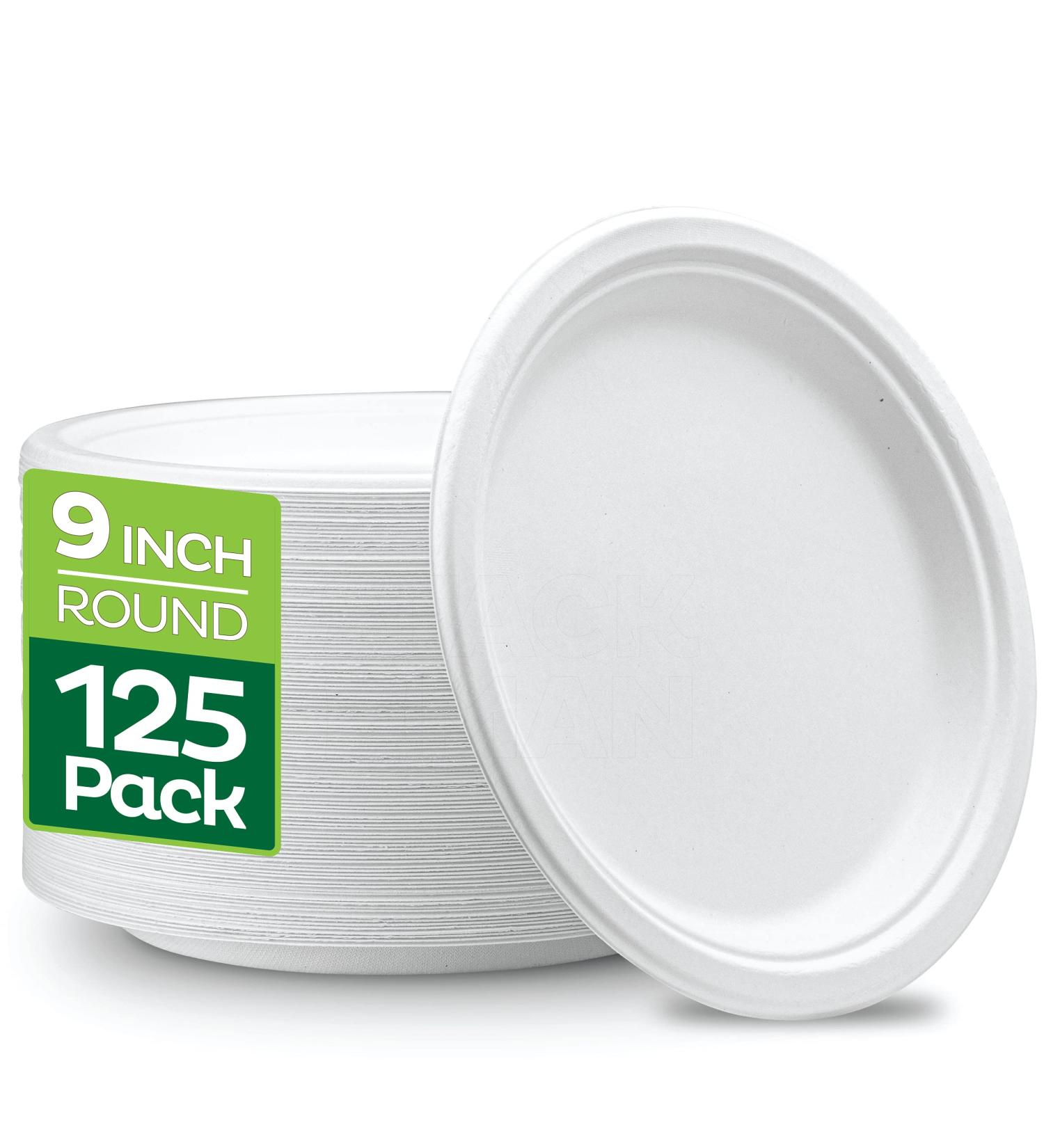 125-Pack 9-Inch Compostable Heavy-Duty Plates | Eco-Friendly Bagasse Plate | Biodegradable Paper Plates by Stack Man - Buy Online on GoSupps.com