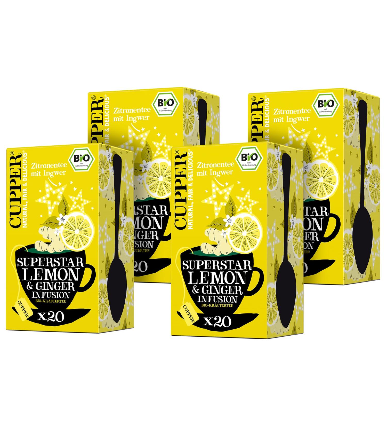 Cupper Organic Herbal Tea - Superstar Lemon & Ginger 20 Unbeated Tea Bags | Fair Trade & Eco-Friendly 4-Pack - Buy Online on GoSupps.com