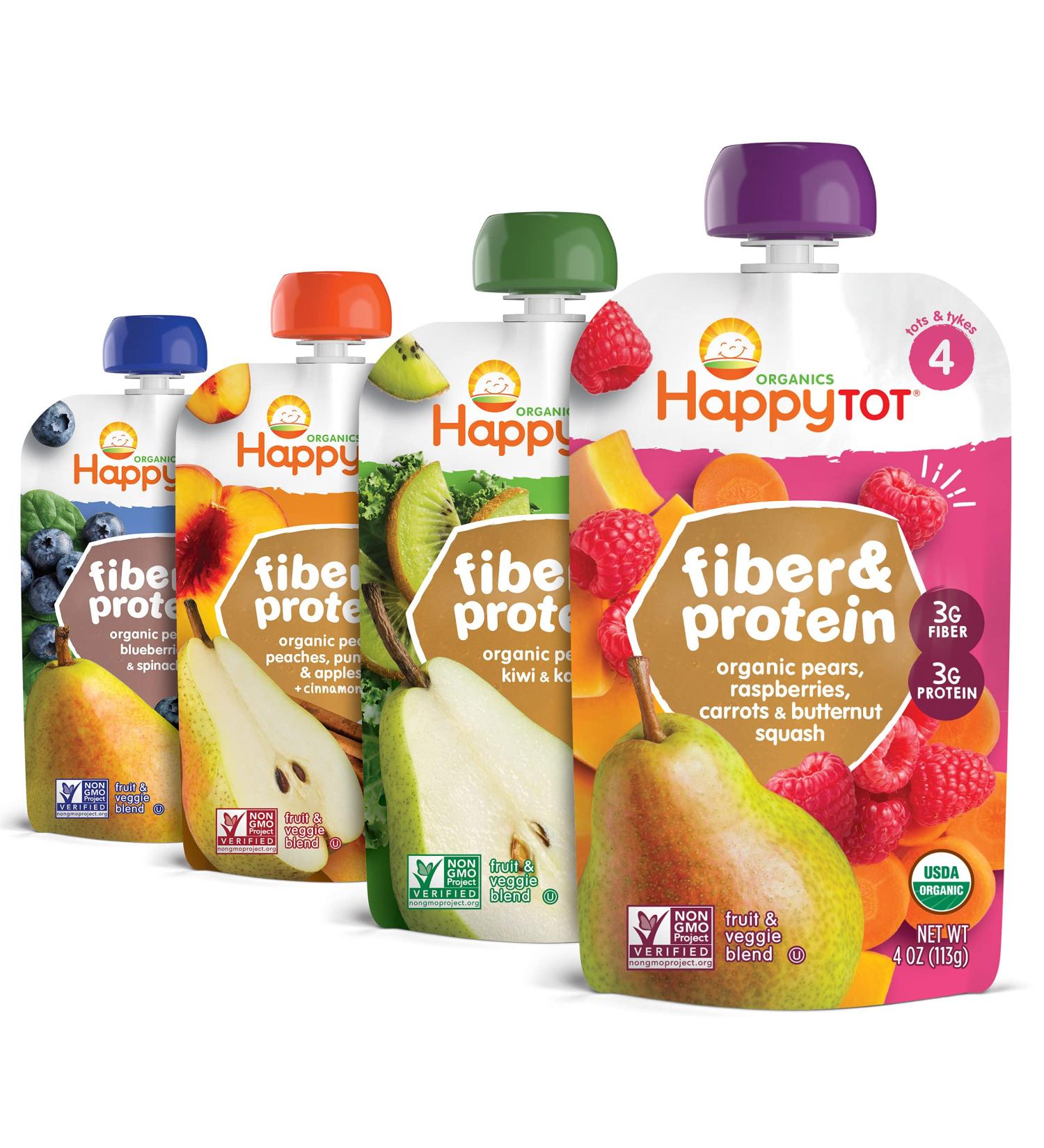 Happy Tot Organics Fiber & Protein Stage 4 Variety Pack - 16 Pouches of 4 Flavors (4oz Each) - Buy Online on GoSupps.com