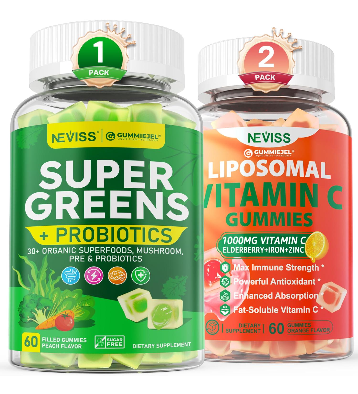 NEVISS Super Greens Gummies 60 Count + liposomal Vitamin c Gummies 120 Count - Buy Online on GoSupps.com