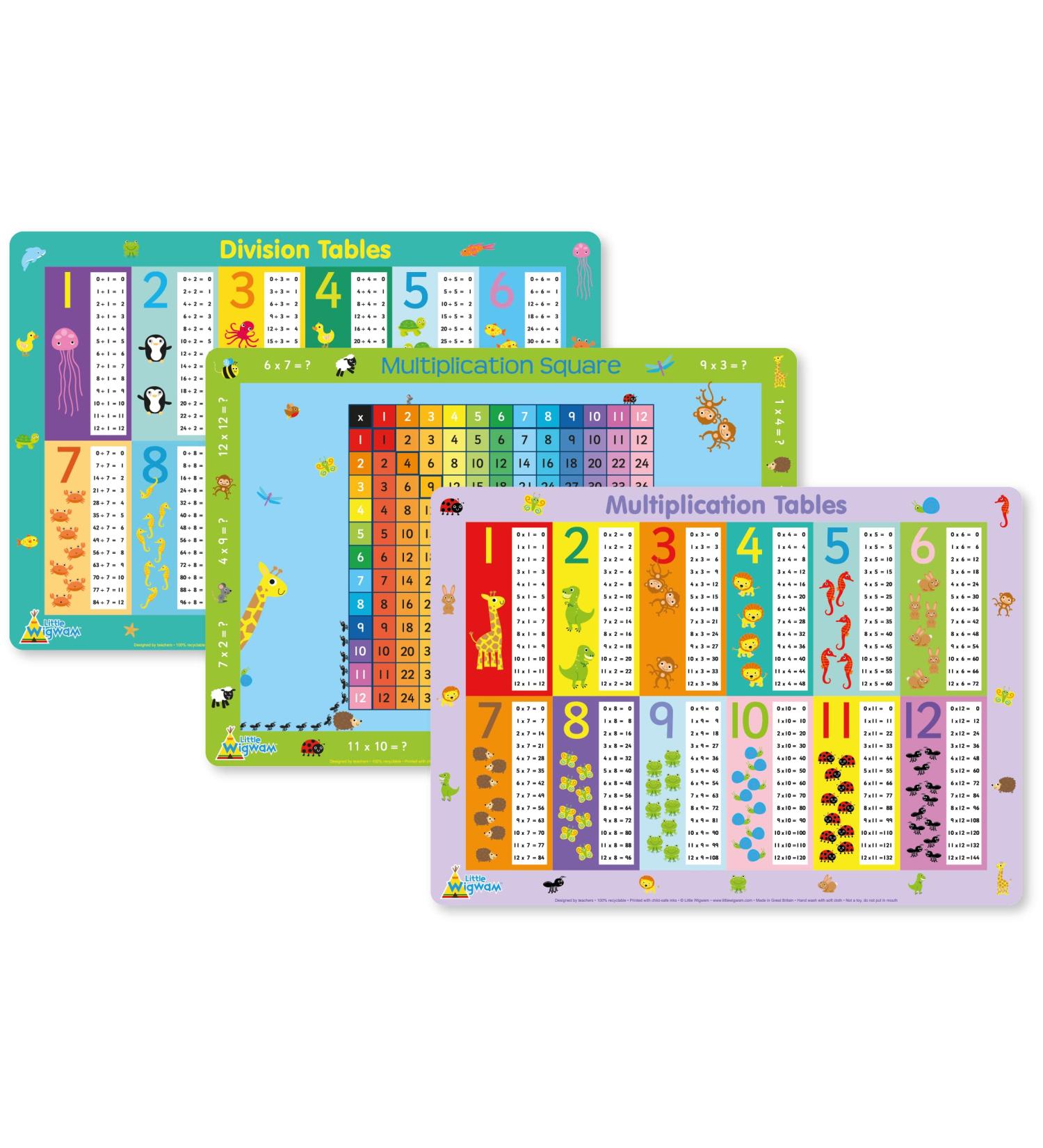 Little Wigwam Numeracy 2 Placemat Pack - Set of 3 Educational Placemats - Multiplication Tables Division Tables Multiplication Square