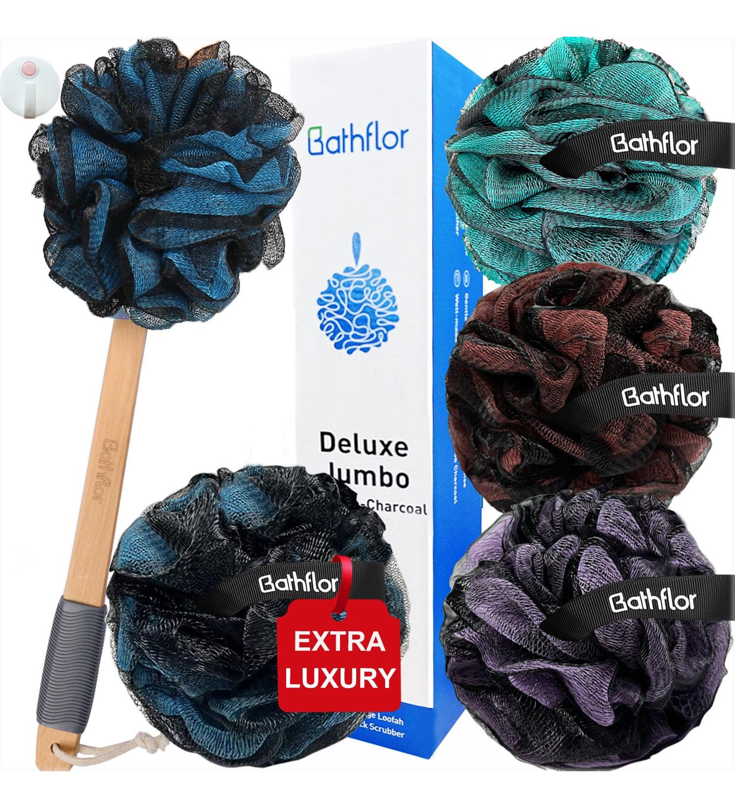80g Charcoal Loofah Sponge with Long Handle | Extra Large Body Scrub for Men & Women | Shower Bath Wash with Curved Luffa & Hook - Buy Online on GoSupps.com