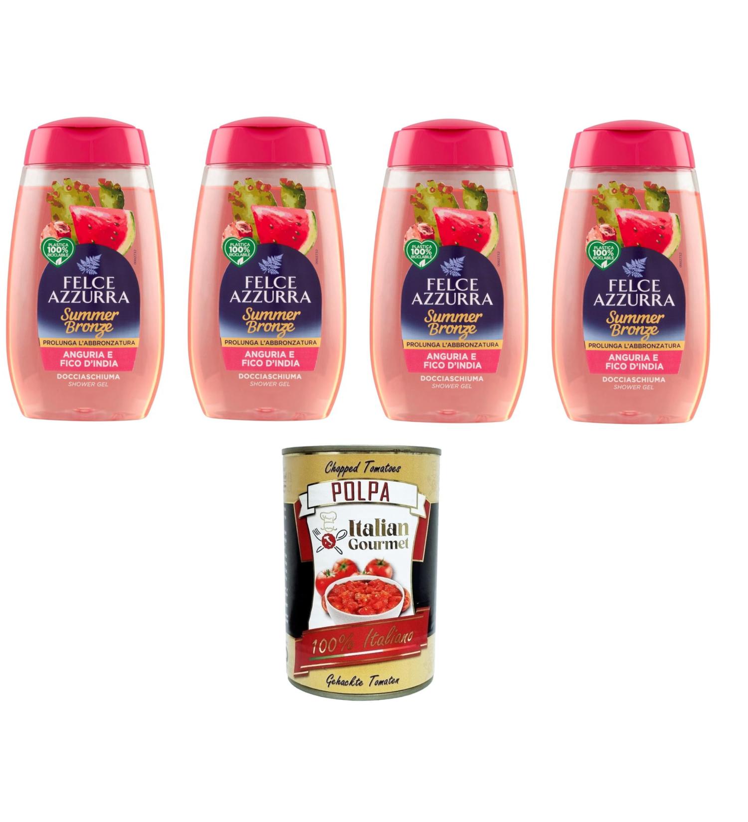  Italian Gourmet E.R. Felce Azzurra Doccia Summer Bronze Anguria e Fico d'India Summer Shower 4 x 250 ml Watermelon and Prickly Pear Bronze + Pulpa Italian Gourmet 400 g - Buy Online on GoSupps.com