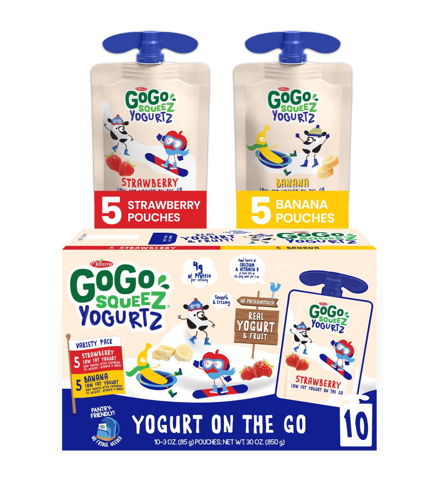 GoGo squeeZ YogurtZ Variety Pack - Strawberry Banana 3 oz. (10 Pouches) | Real Yogurt & Fruit Kids Snacks | Pantry Friendly, No Fridge Needed | Kosher Certified - Buy Online on GoSupps.com