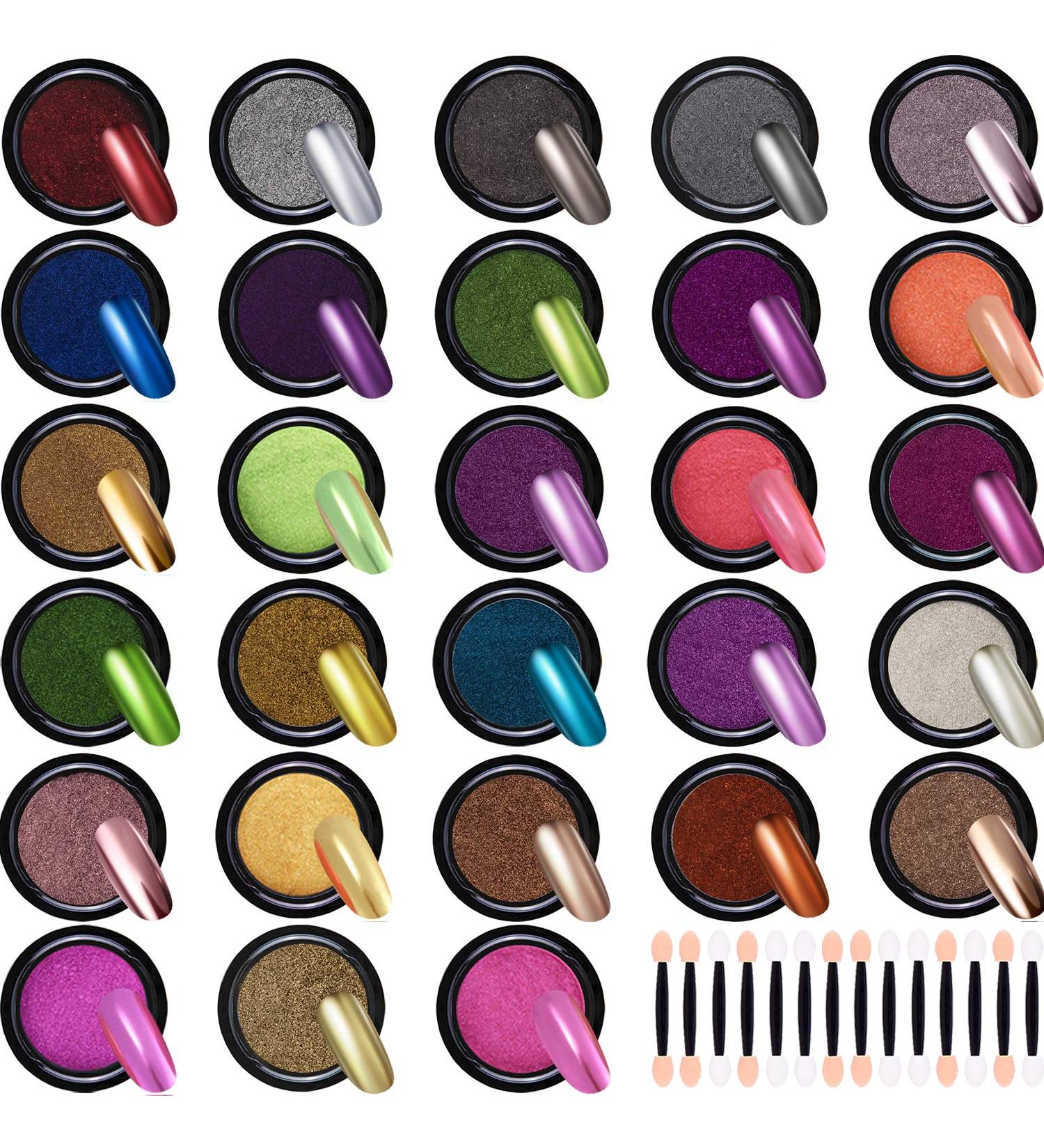 DuuFin 28 Colors Chrome Nail Powder for Mirror Effect Nails Art - Includes 28 Pcs Eyeshadow Sticks - 1g/Jar - Buy Online on GoSupps.com