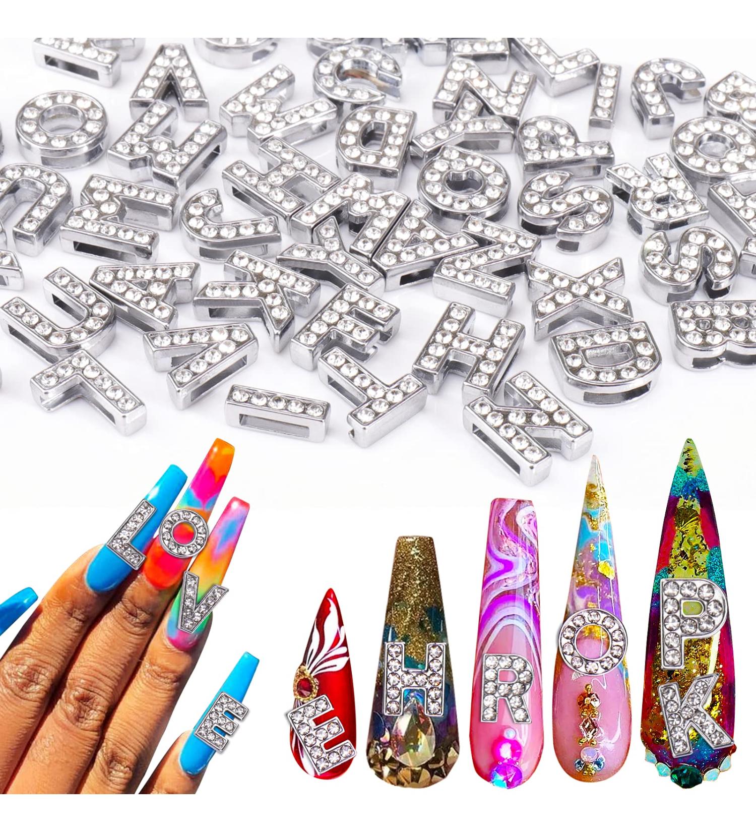 AIERSA Large Letter Nail Charms - 52 Pcs 3D Rhinestone Alphabet Stickers for Nail Art Decoration - Silver Alloy - 12mm Tall - Buy Online on GoSupps.com