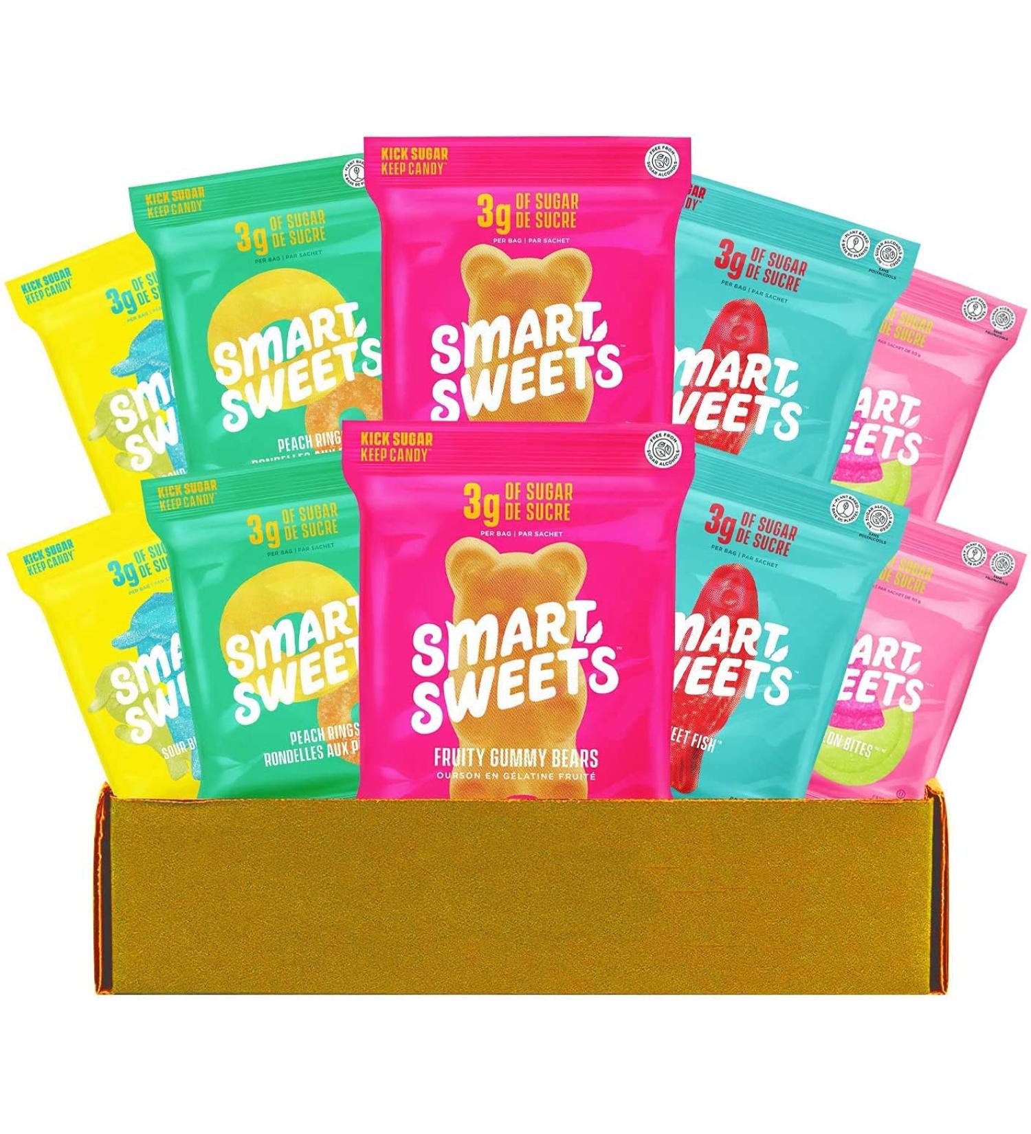 10 Pack Variety Candy with Low-Sugar (3g) & Low Calorie (80) 2 of Each Flavour Included: Peach Sweet Fish Sour Buddies Fruity Bears Sourmelon Bites  - Buy Online on GoSupps.com