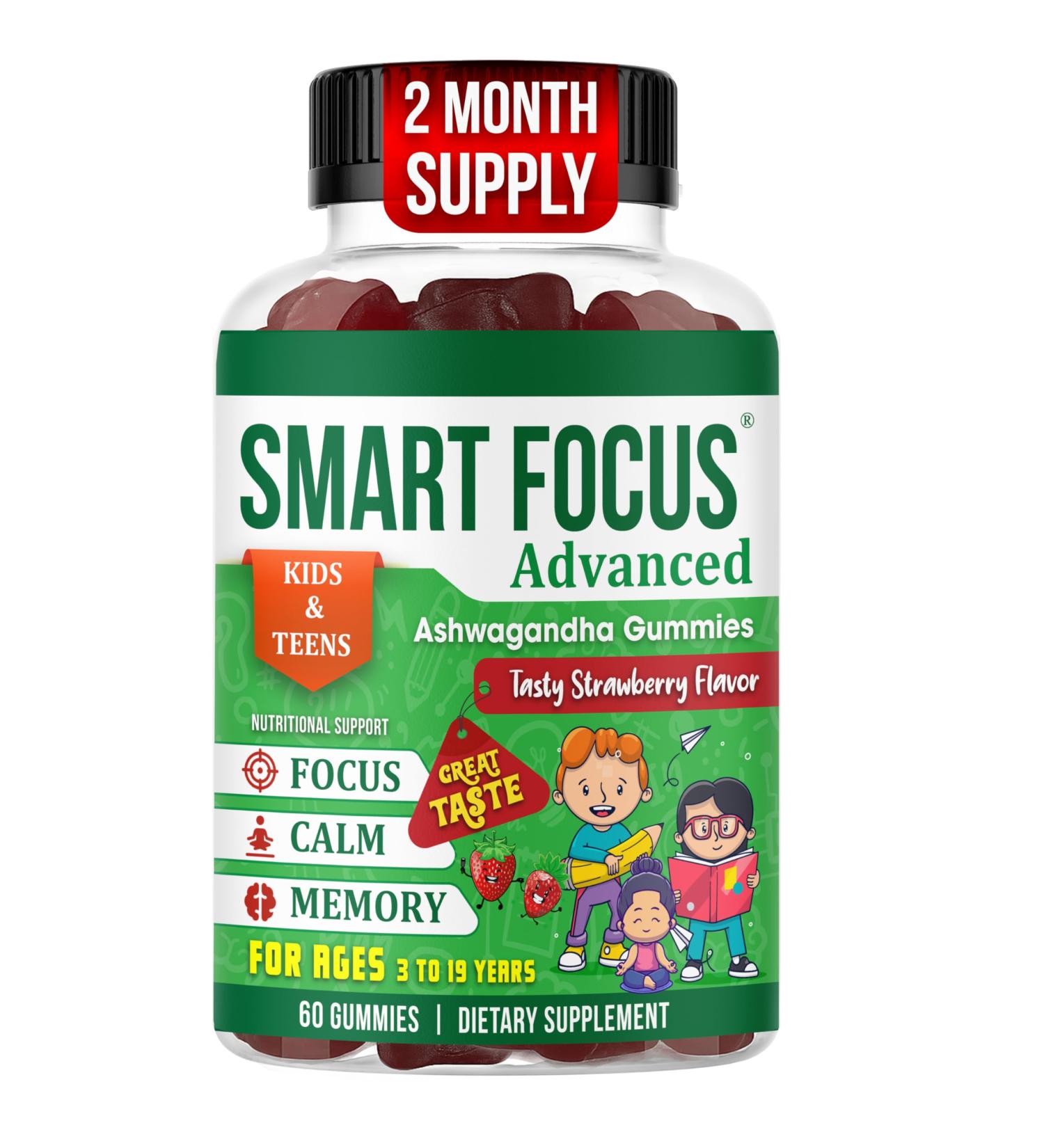 Smart Focus Kids Focus Gummies with Calm Ashwagandha Supplements for Kids & Teens Calm Gummies for Attention Memory & Relaxed Sleep Natural Strawberry Flavor 60 Gummies - Buy Online on GoSupps.com