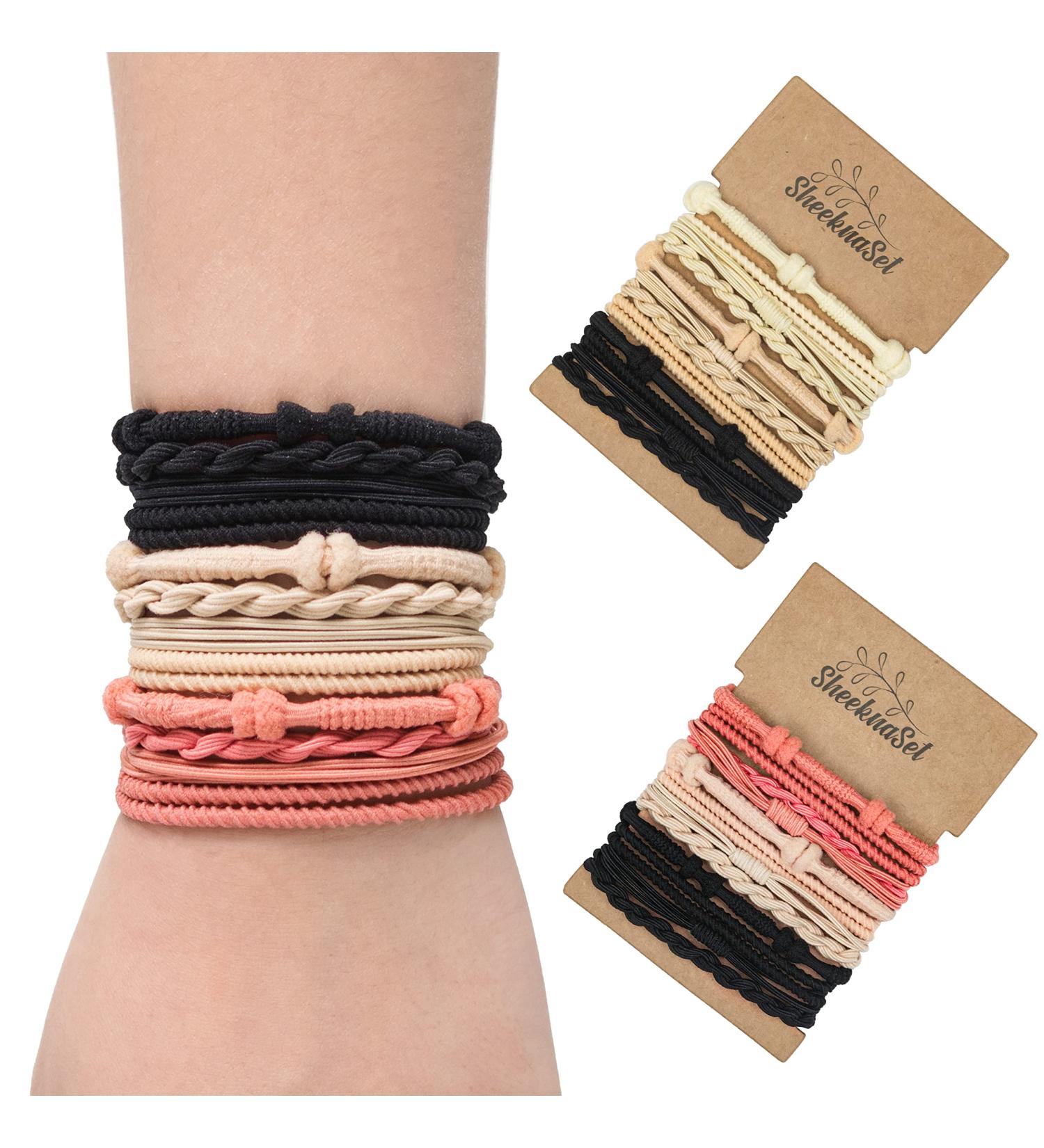 24 Pcs Boho Twist SheeknaSet Hair Tie Bracelets | Pain-Free Elastic Bands for Women and Girls - Rose Red, Apricot, Black, Beige, Black - Buy Online on GoSupps.com