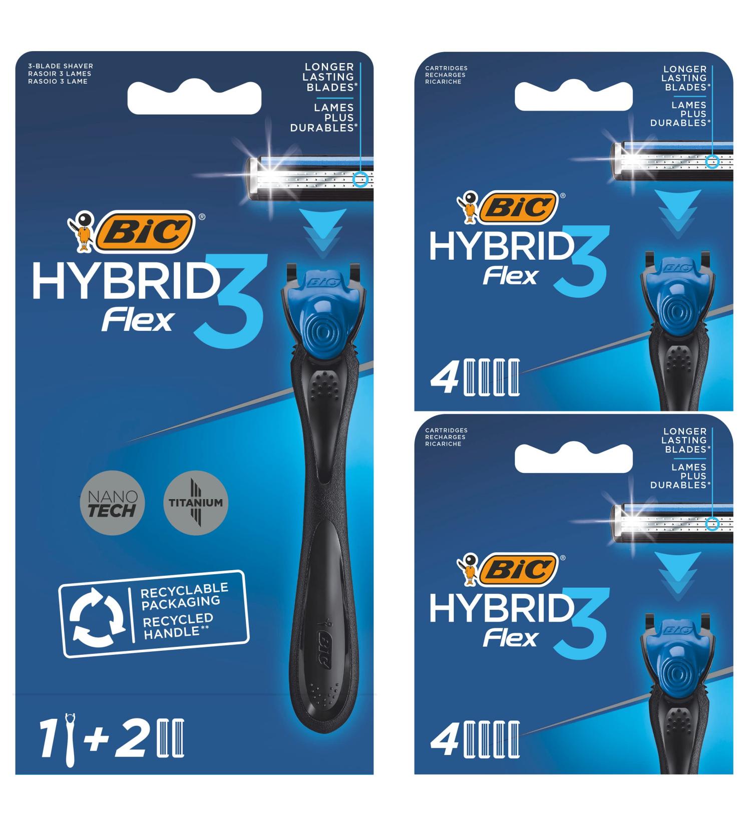 BIC Hybrid 3 Flex Men's Shaver Bundle | 90% Recycled Handle, 10 Triple-Blade Refills - Buy Online on GoSupps.com