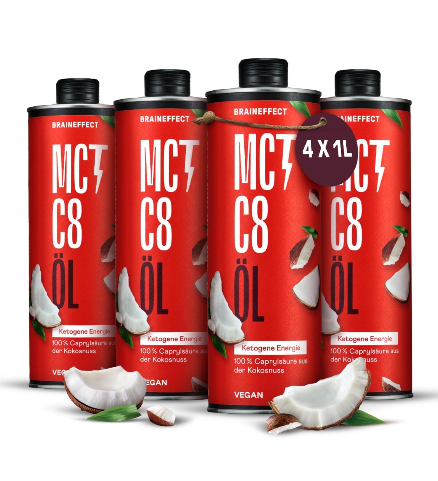 Braineffect MCT Oil C8 - 300% More Ketones 100% C8 Coconut Extract - Ideal for Keto Diet & Bulletproof Coffee - 4x1000ml - Buy Online on GoSupps.com