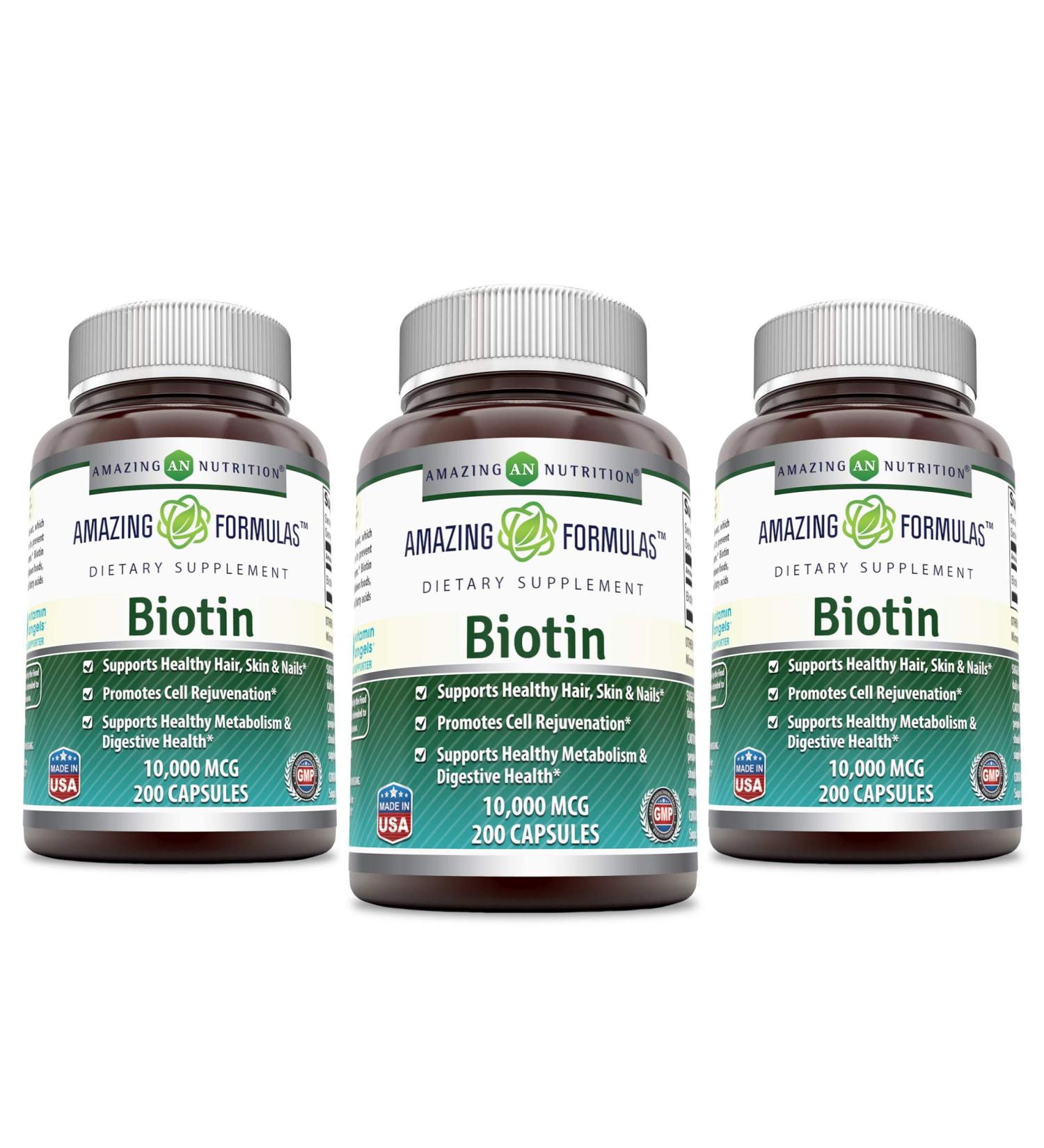 Amazing Formulas Biotin 10000mcg 200 Veggie Capsules Supplement | Non GMO | Gluten Free | Made in USA | Suitable for Vegetarians (Pack of 3)
