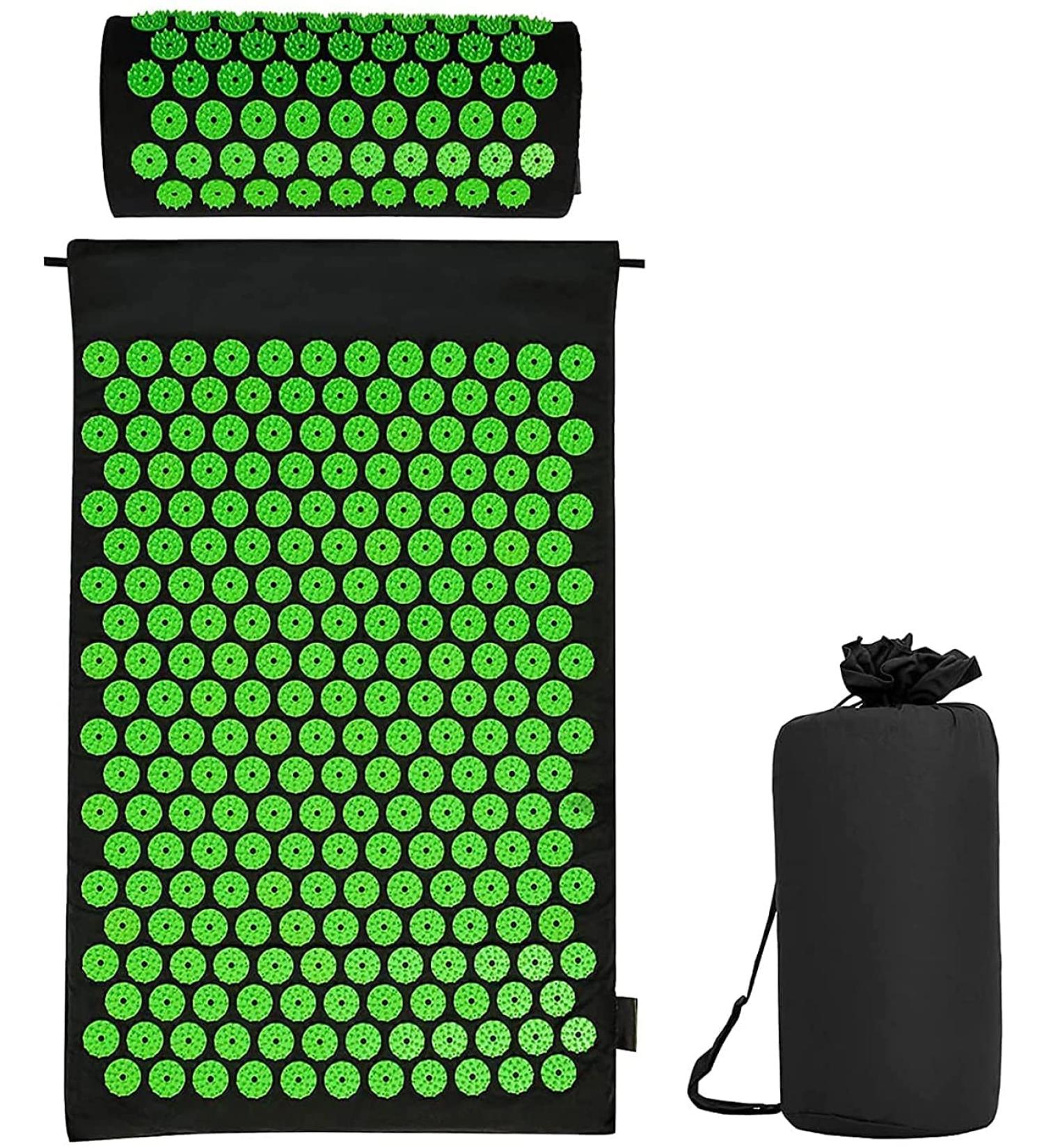 Acupressure Set | Soothing Mat & Pillows for Back Pain Relief Neck Tension and Energy Stimulation - Black-Green - Buy Online on GoSupps.com