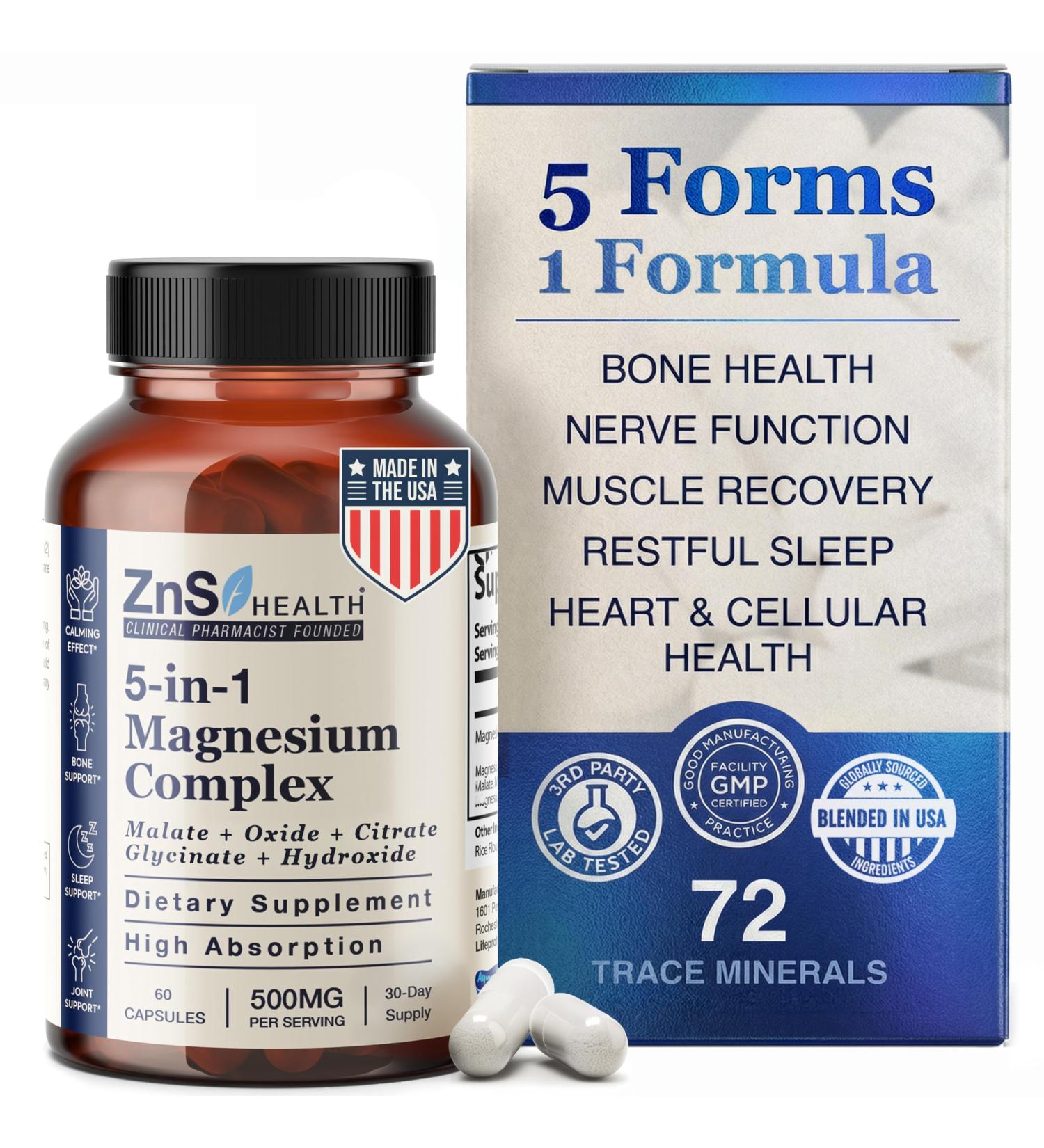 5-in-1 Magnesium Complex High Absorption Magnesium Glycinate Supplement w/Malate Citrate Oxide Hydroxide for Energy Nerves Muscles Sleep & Joint Vegan Non-GMO 500 mg - 60 Caps 60 Count (Pack of 1) - Buy Online on GoSupps.com
