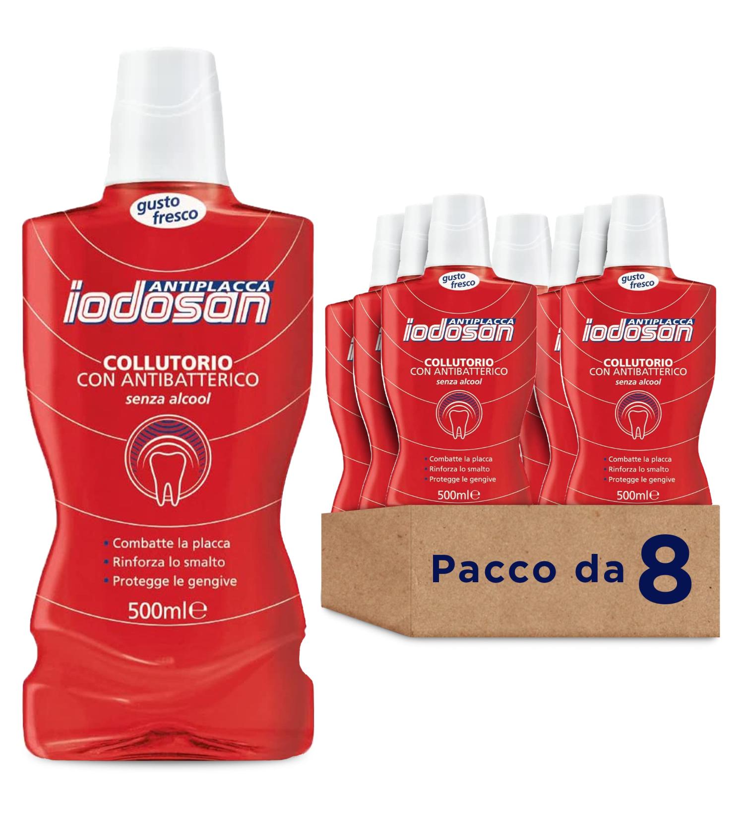 Iodosan Antiplaque mouthwash with antibacterial fights plaque and protects gums alcohol-free pack of 8 x 500 ml - Buy Online on GoSupps.com