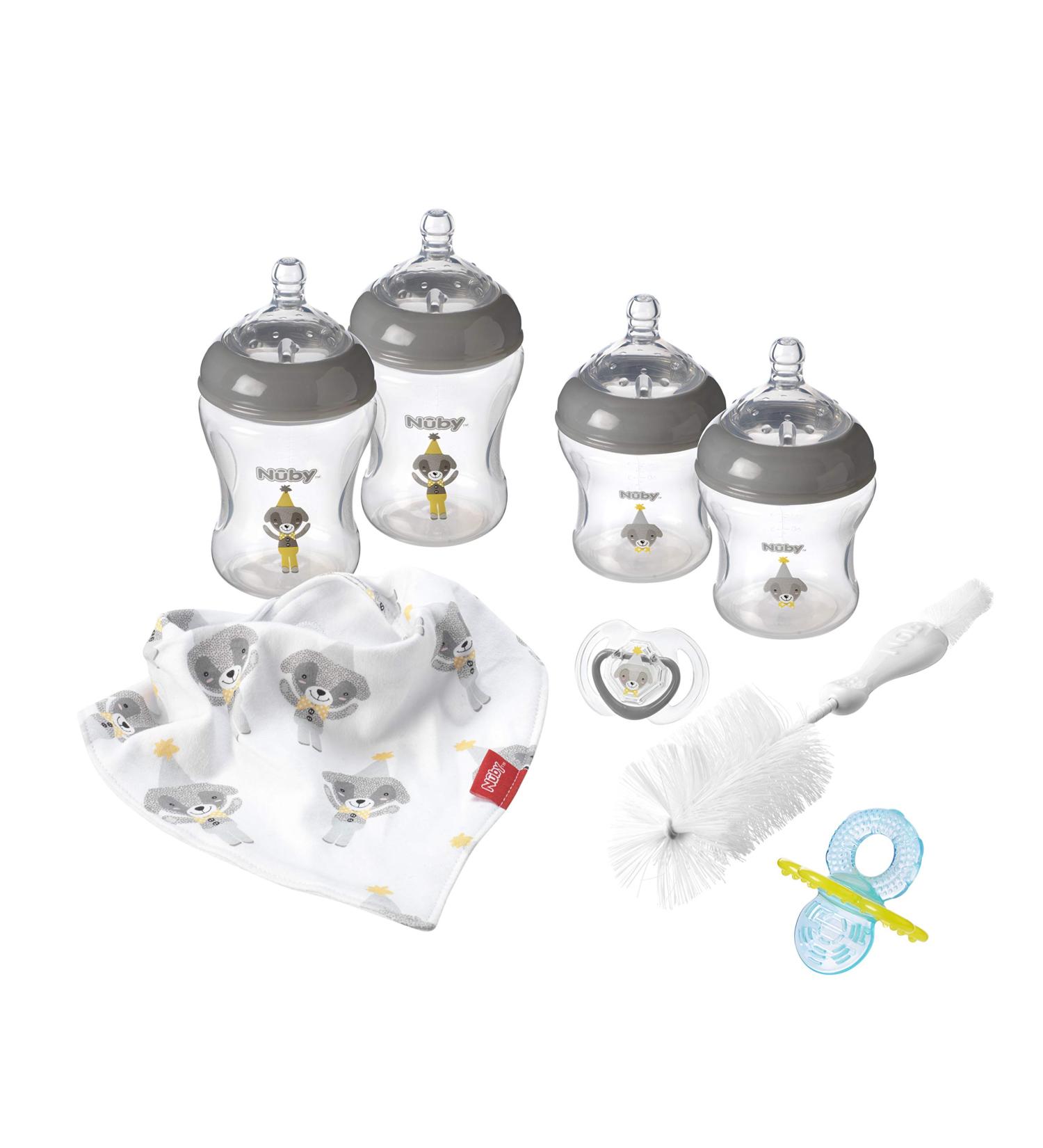 Nuby Newborn Baby Bottle Starter Set with Teats, Brush, Soother, Bib, and Teether - Buy Online on GoSupps.com