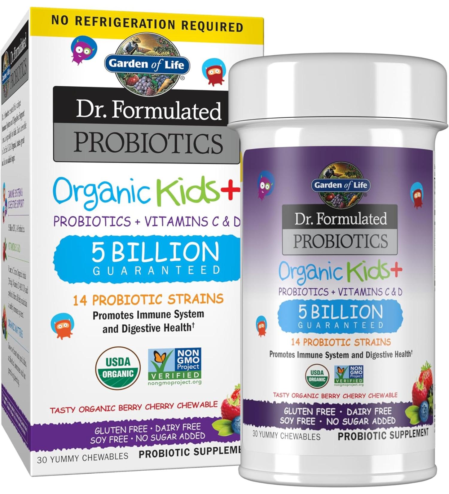 Organic Kids+ Probiotics with Vitamin C & D - Berry Cherry Flavor  30 Chewables - Gluten  Dairy & Soy Free Immune & Digestive Health Supplement by Garden of Life - Buy Online on GoSupps.com