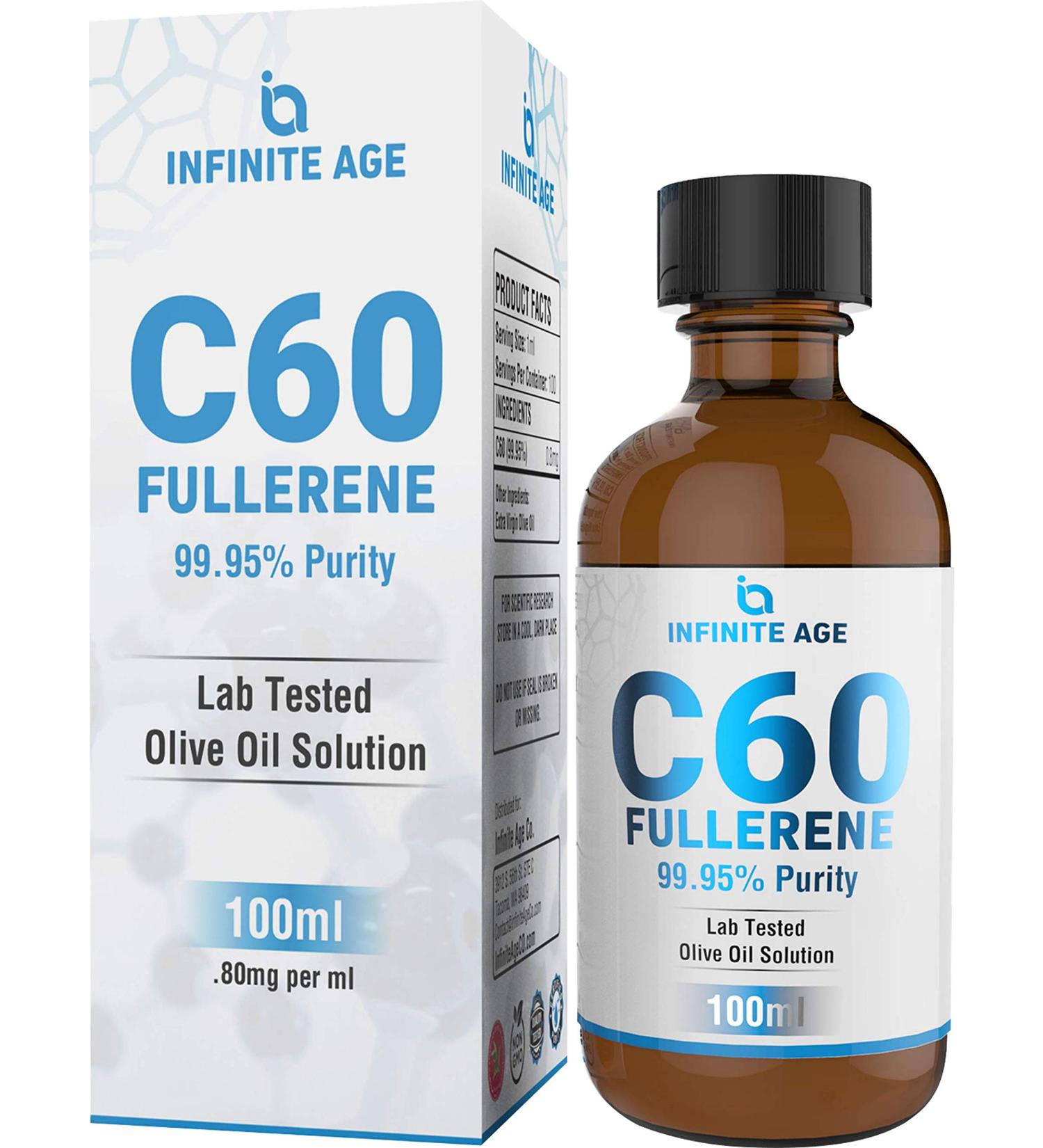Infinite Age C60 Fullerene 99.95% Purity 100ml Super Antioxidant Solution with Olive Oil - Skin & Nerve Support - Soothes Inflammation - Purity Transparency - 3.4 Fl Oz - Buy Online on GoSupps.com
