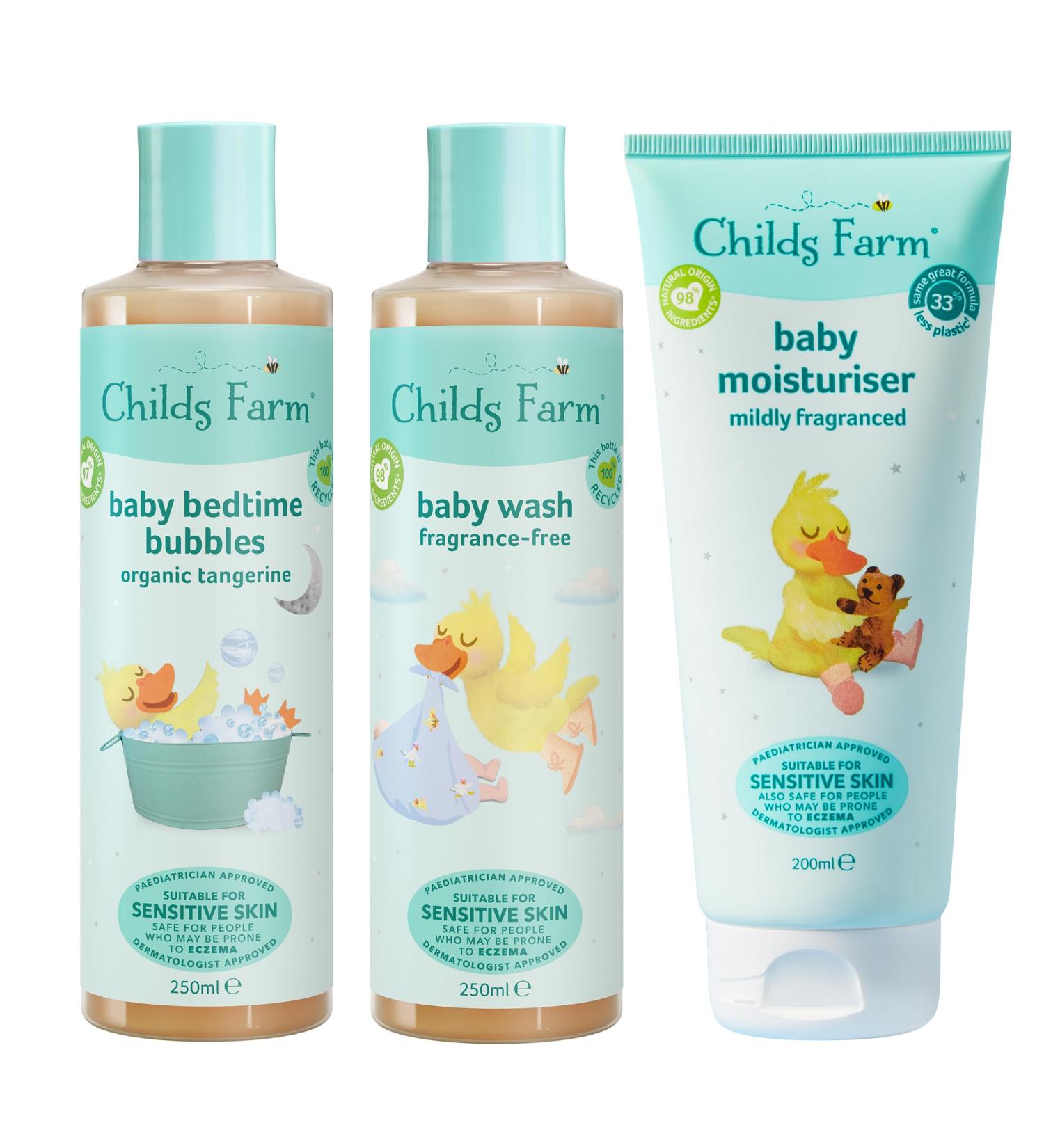 Childs Farm Baby Regime Bundle: Baby Moisturiser 200ml, Baby Wash 250ml & Baby Bubbles | Gentle on Newborns with Dry, Sensitive, Eczema-prone Skin - Buy Online on GoSupps.com