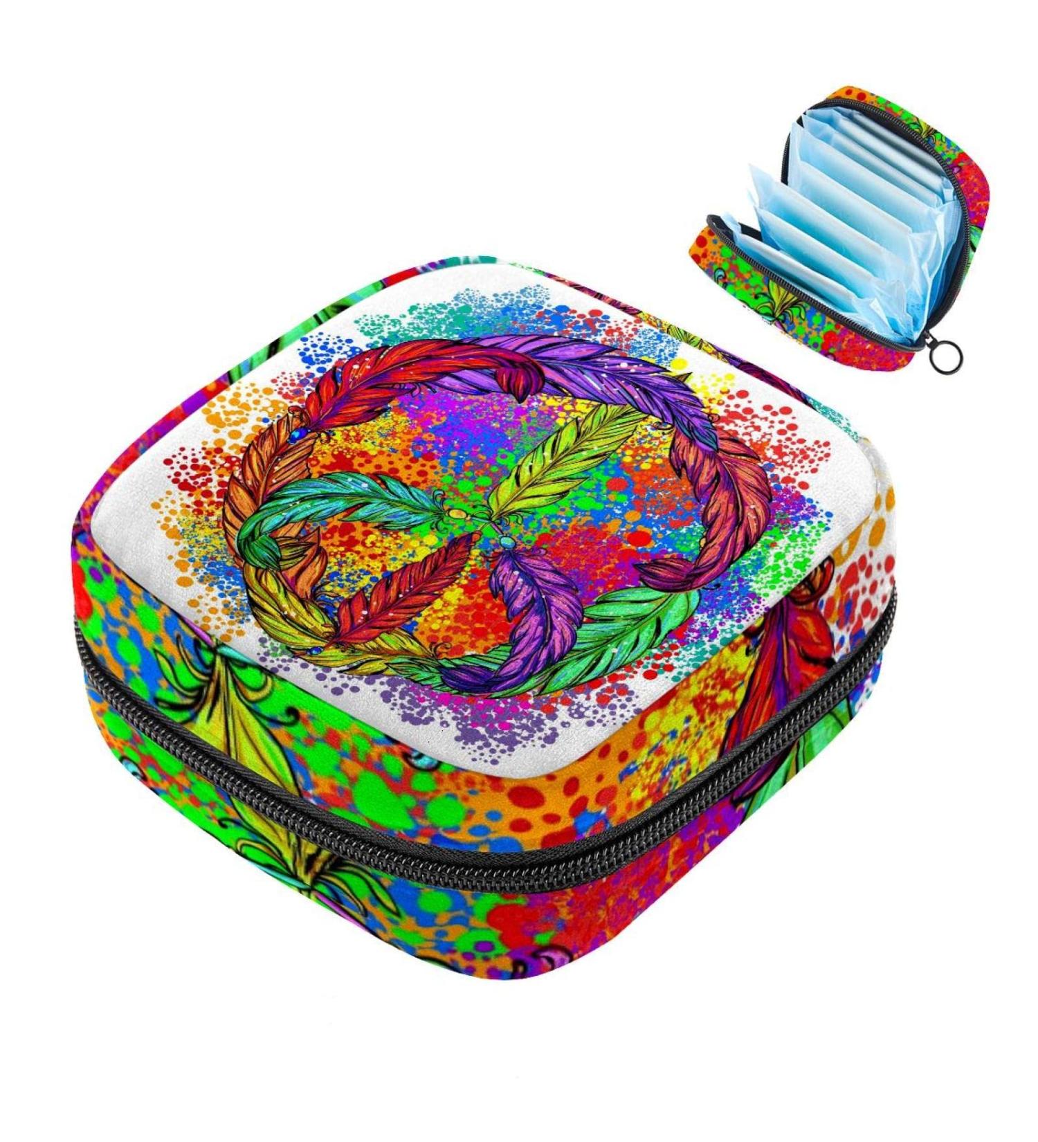 Stylish Menstruation Pad Bag with Zipper | Women's Napkin & Tampon Organizer - Colorful Pacific Symbol & Feathers Design - Buy Online on GoSupps.com