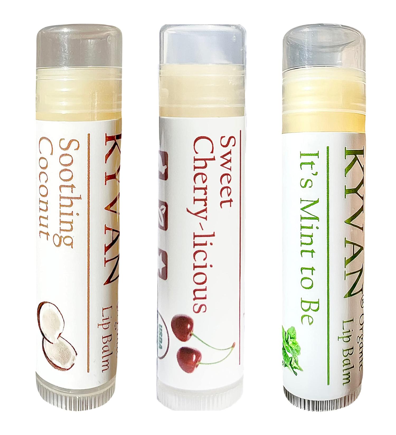KYVAN Classic Trio Lip Balms - USDA Certified Organic Variety Pack (Coconut, Cherry, Mint) - Paraben and Cruelty Free - 15 oz each - Buy Online on GoSupps.com