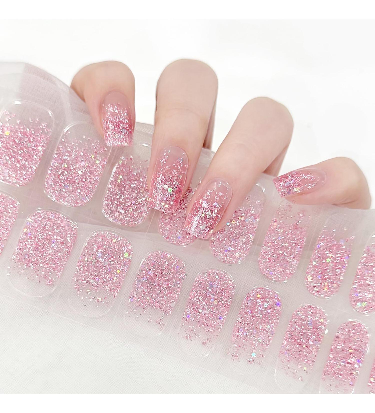 Pink Semi Cured Gel Nails Strips 22 Stickers Nail Wraps Soft Self-Adhesive Gel Nail Stickers Salon-Quality Glitter Gel Nail Strips Manicure Require UV/LED Lamp (113-Pink Glitter) - Buy Online on GoSupps.com