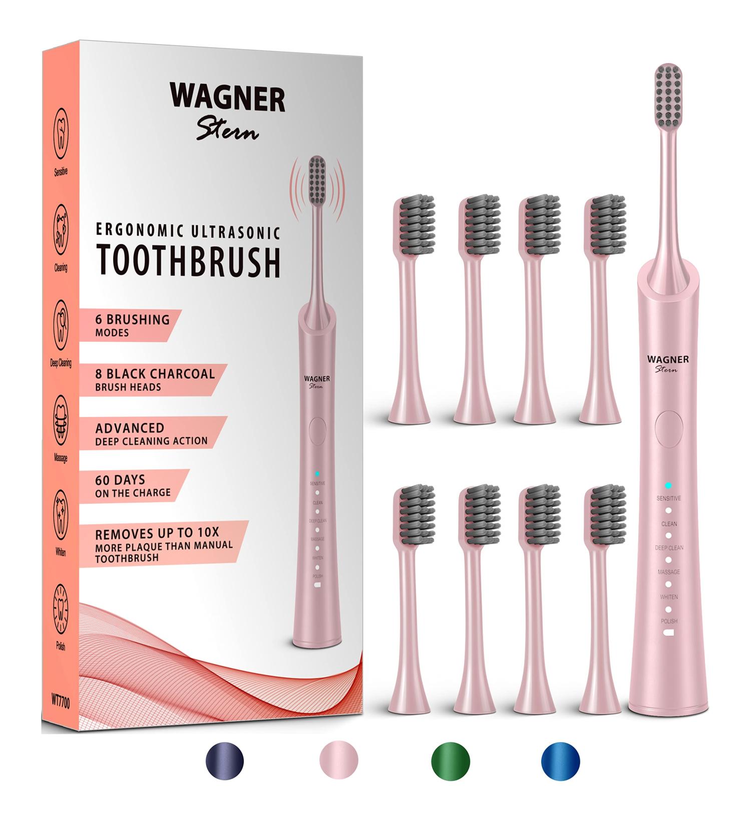 Wagner & Stern Ultrasonic Electric Toothbrush with 8 Charcoal Black Heads for Fresh Breath & Healthy Smile - Pink - Buy Online on GoSupps.com