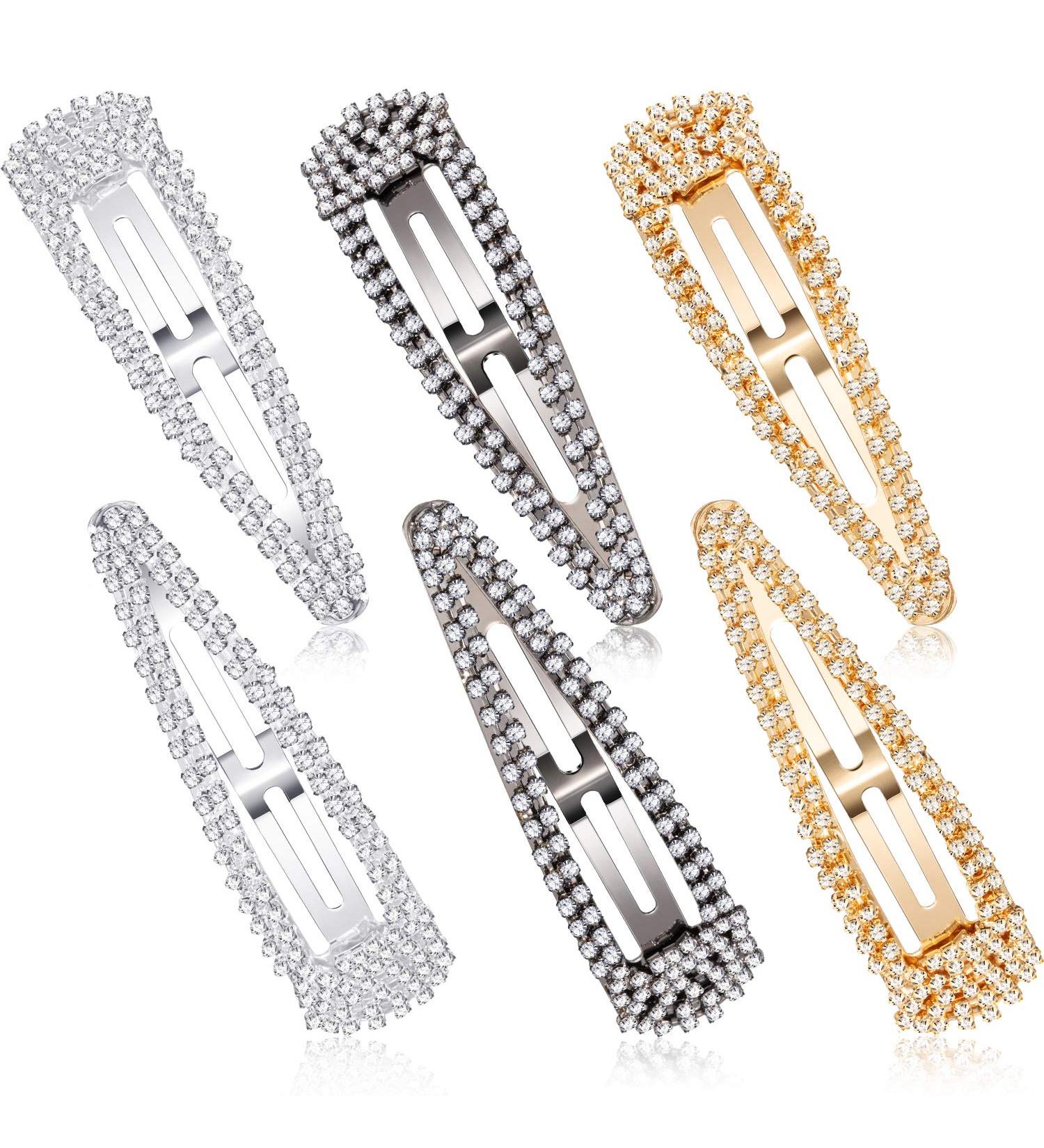 6 Pieces 4 Inch Rhinestone Snap Hair Clips | Crystal Metal Hair Barrettes for Women and Girls | Wedding Hair Accessories in Black, Silver, and Gold - Buy Online on GoSupps.com