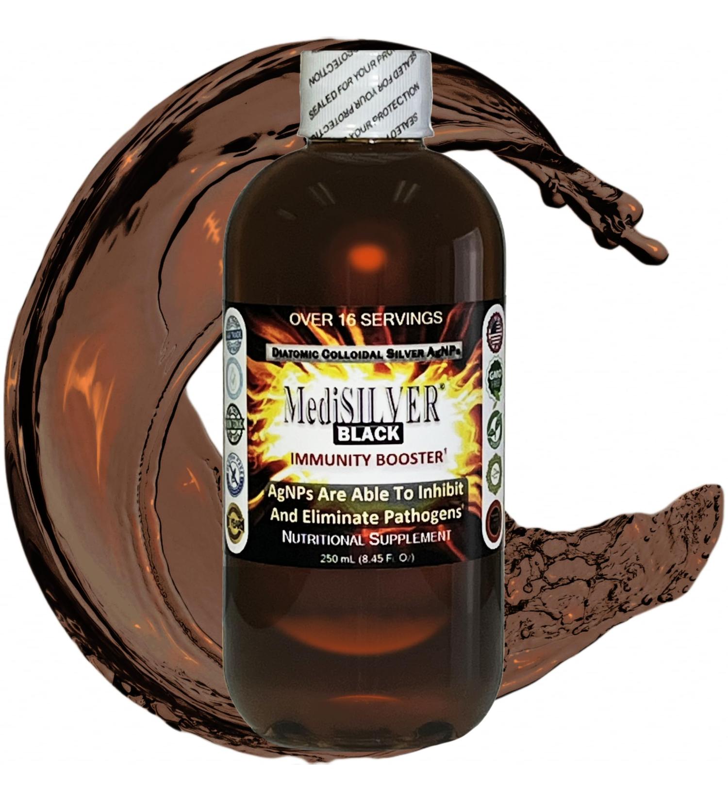 MediSILVER Black Immunity Booster Diatomic True Colloidal Silver AgNP Nutrient - 250 mL in Clear Plastic Bottle - Buy Online on GoSupps.com