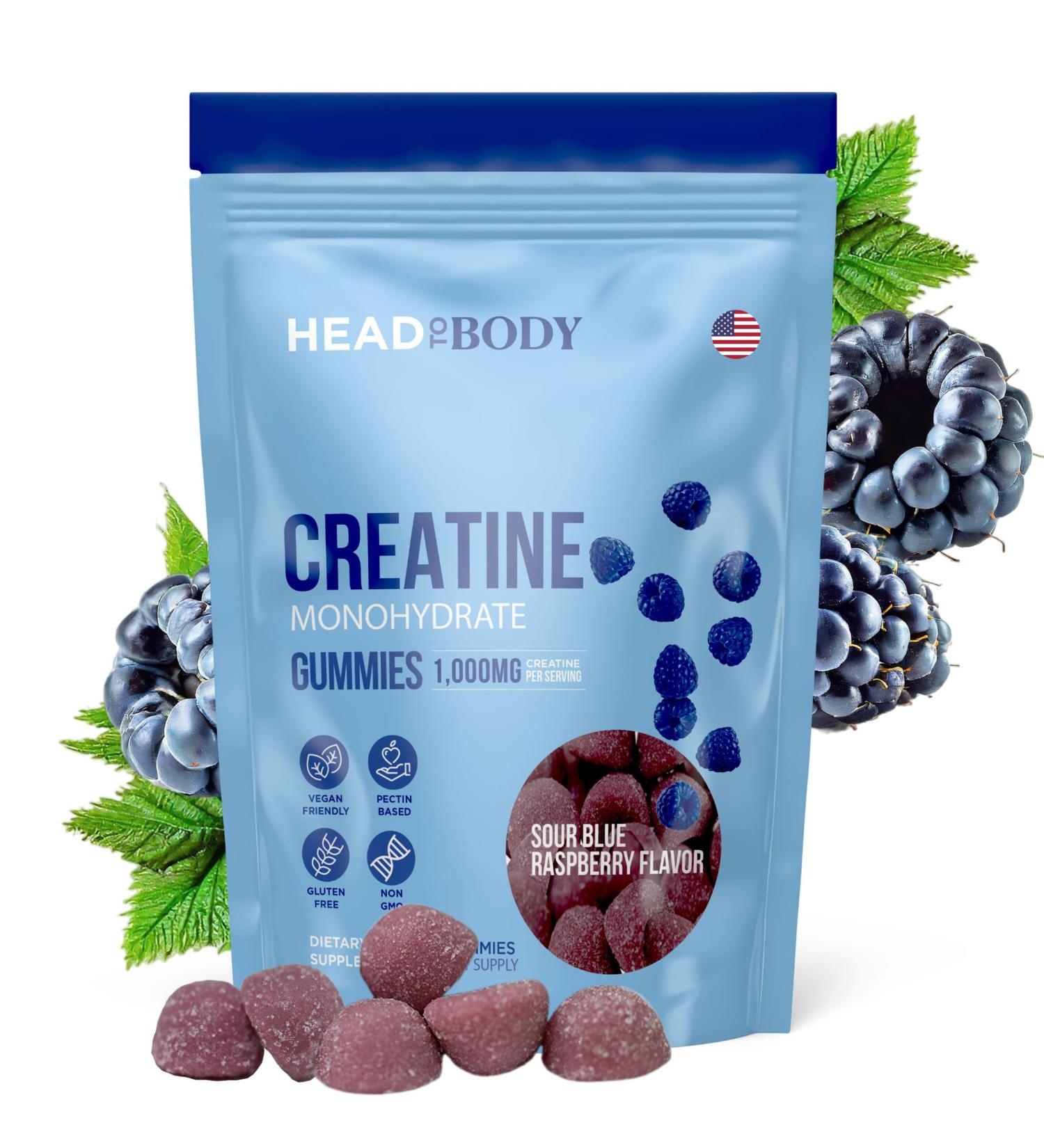 Vegan Creatine Gummies 1000mg - Non-GMO Monohydrate Chewables for Strength Muscle & Endurance - Blue Raspberry Flavor 90 Count - Buy Online on GoSupps.com