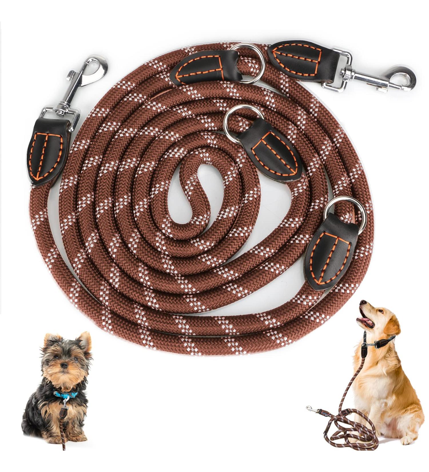 Adjustable Dog Leash for Large & Medium Dogs - Double Nylon 2 Snap Hooks 3 Rings - 3m x 15mm - Brown - Buy Online on GoSupps.com