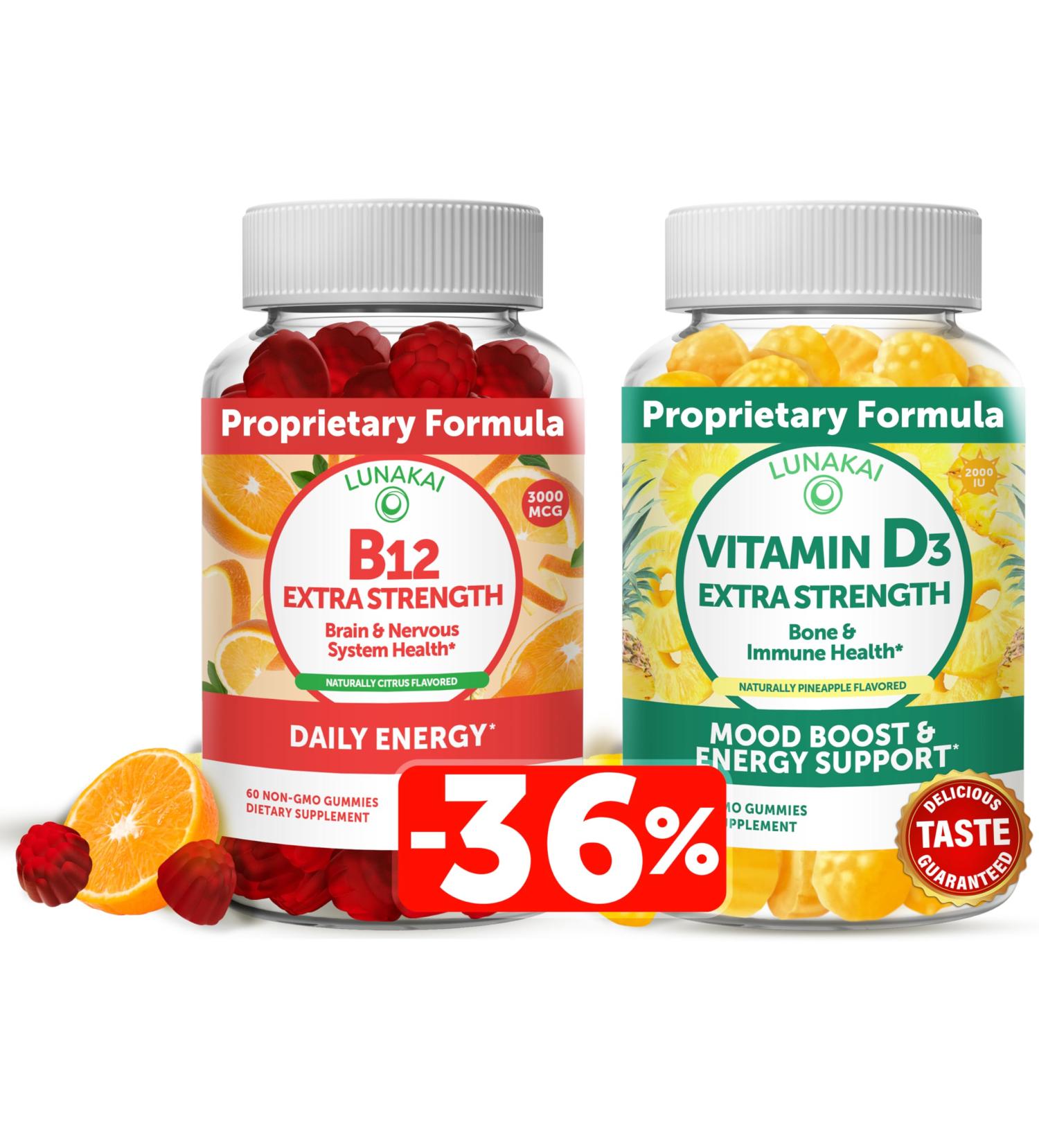 Lunakai Vitamin D3 and Vitamin B12 Gummies Bundle - Immunity Bone and Mood Support VIT D3 2000IU Supplement - 3000mcg Methylcobalamin High Absorption Energy Gummy - Buy Online on GoSupps.com