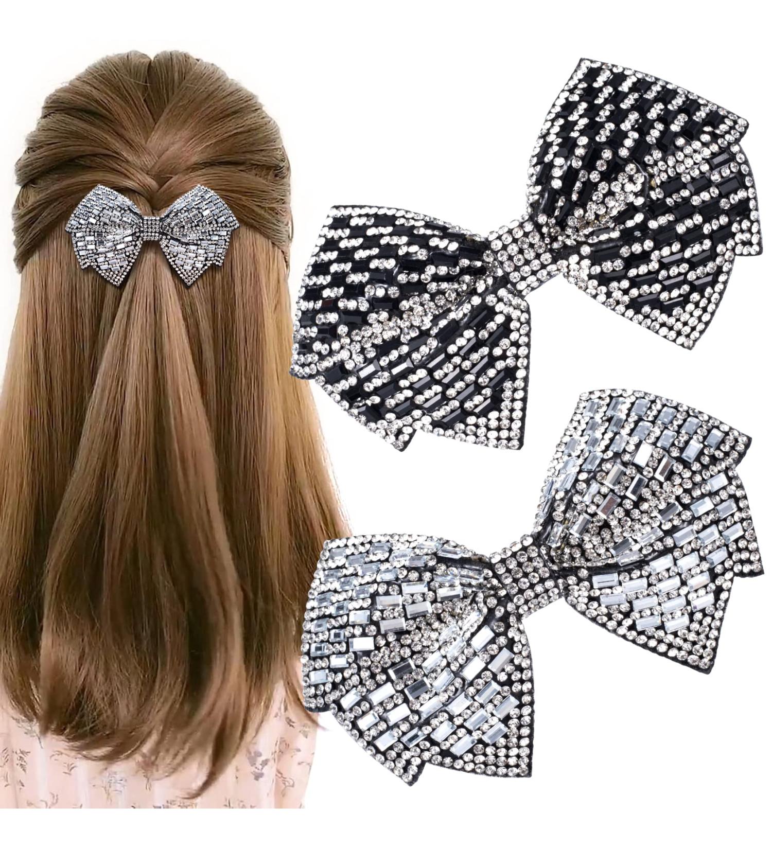 OIIKI 2PCS Rhinestone Hair Bow Clips - Women's Crystal Butterfly Hair Barrettes for Daily Use, Parties, Wedding - White, Black - Buy Online on GoSupps.com