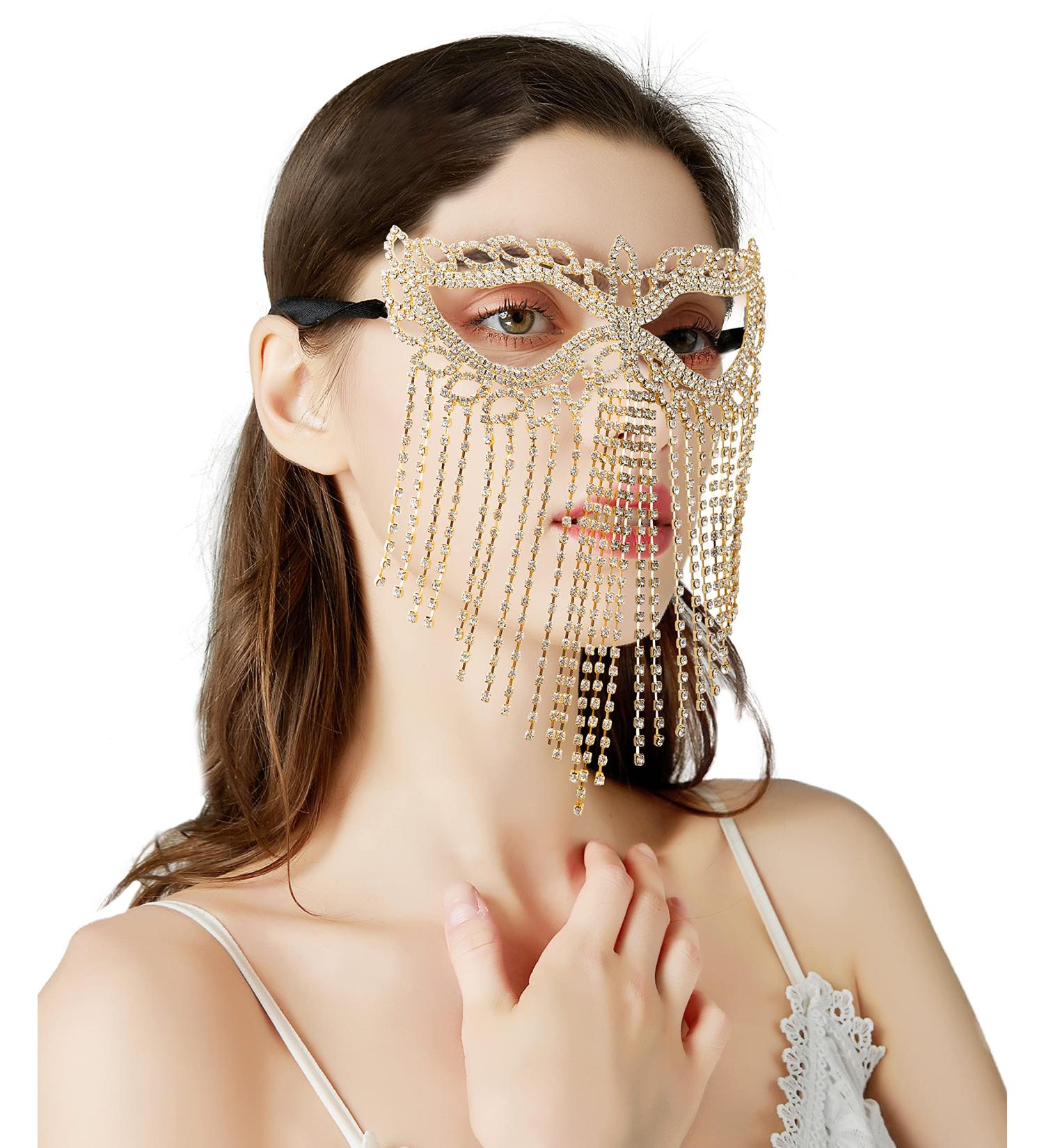 Bellady Rhinestone Cat Eye Fringe Masquerade Mardi Gras Mask with Satin Tie Back Gold - Buy Online on GoSupps.com