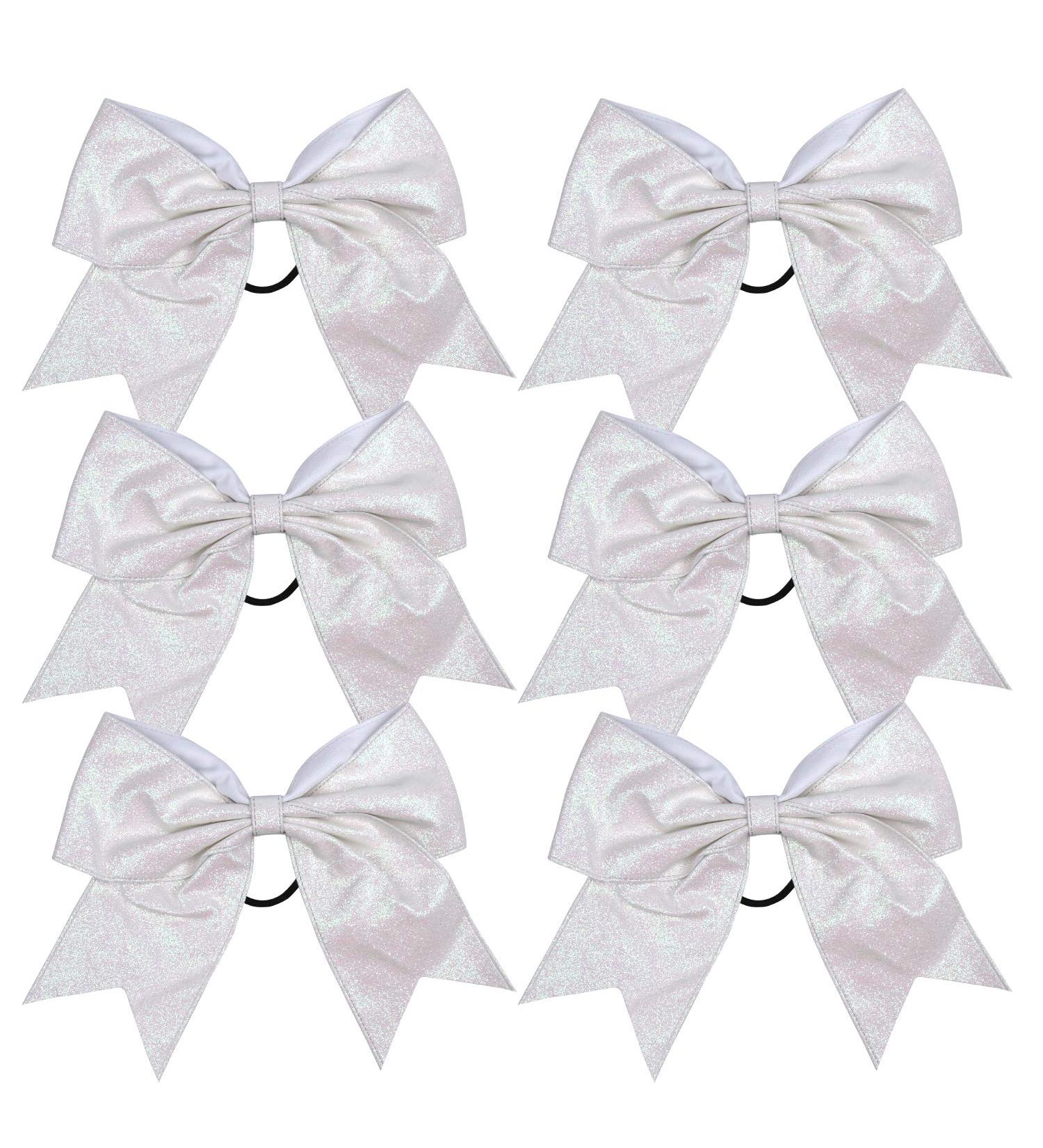 Cheerleader Bows Cheerleading 8 inch Sparkle Glitter Ponytail Holder Hair Tie School for High School College Girl Team Sports 6 Pcs (White)