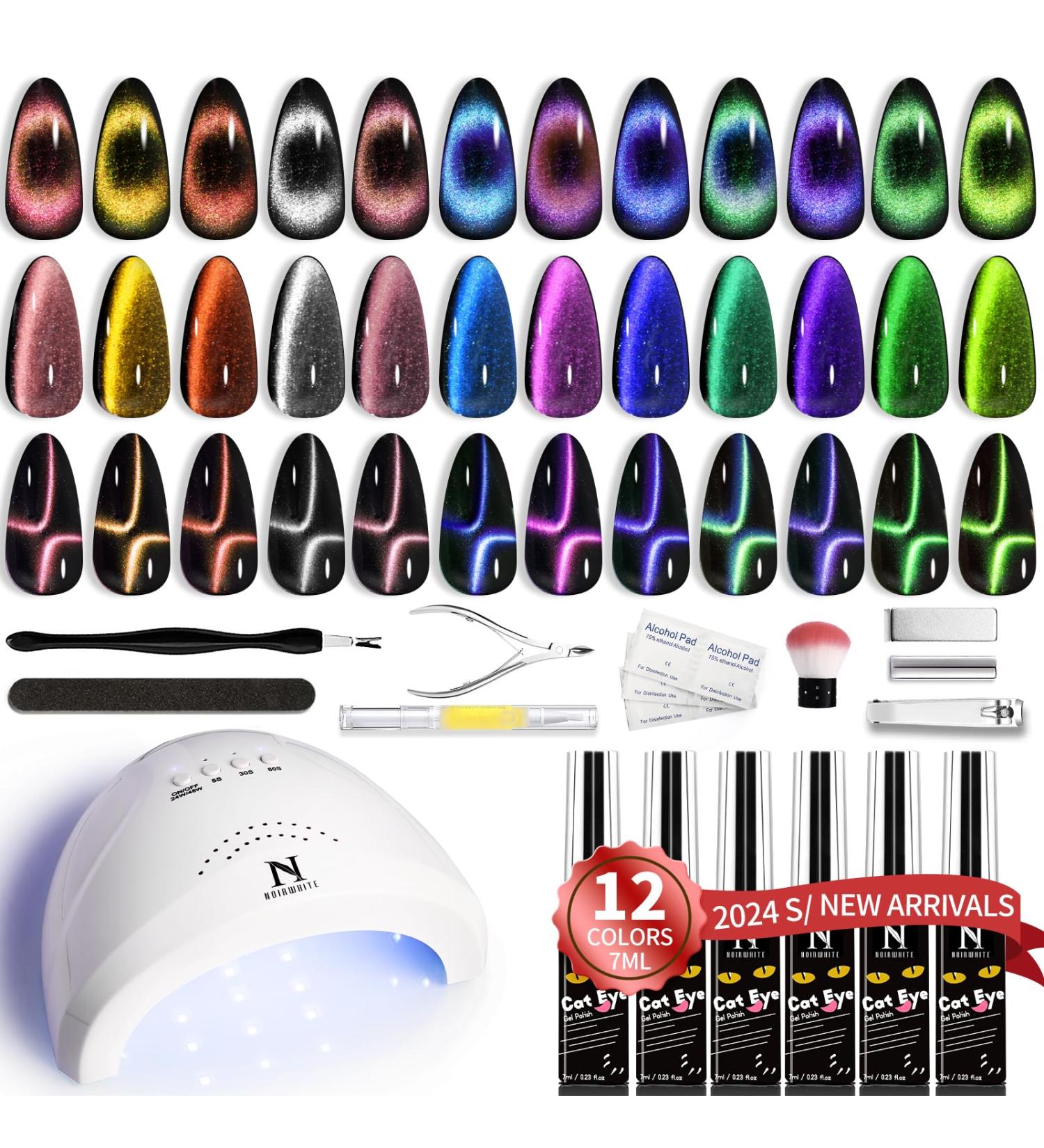 Gel Nail Polish Kit with UV Light | 12 Colors Sparkly Glitter & 9D Chameleon Cat Eye Set | All-in-One Manicure Tools & Magnet Base Top Coat - Buy Online on GoSupps.com