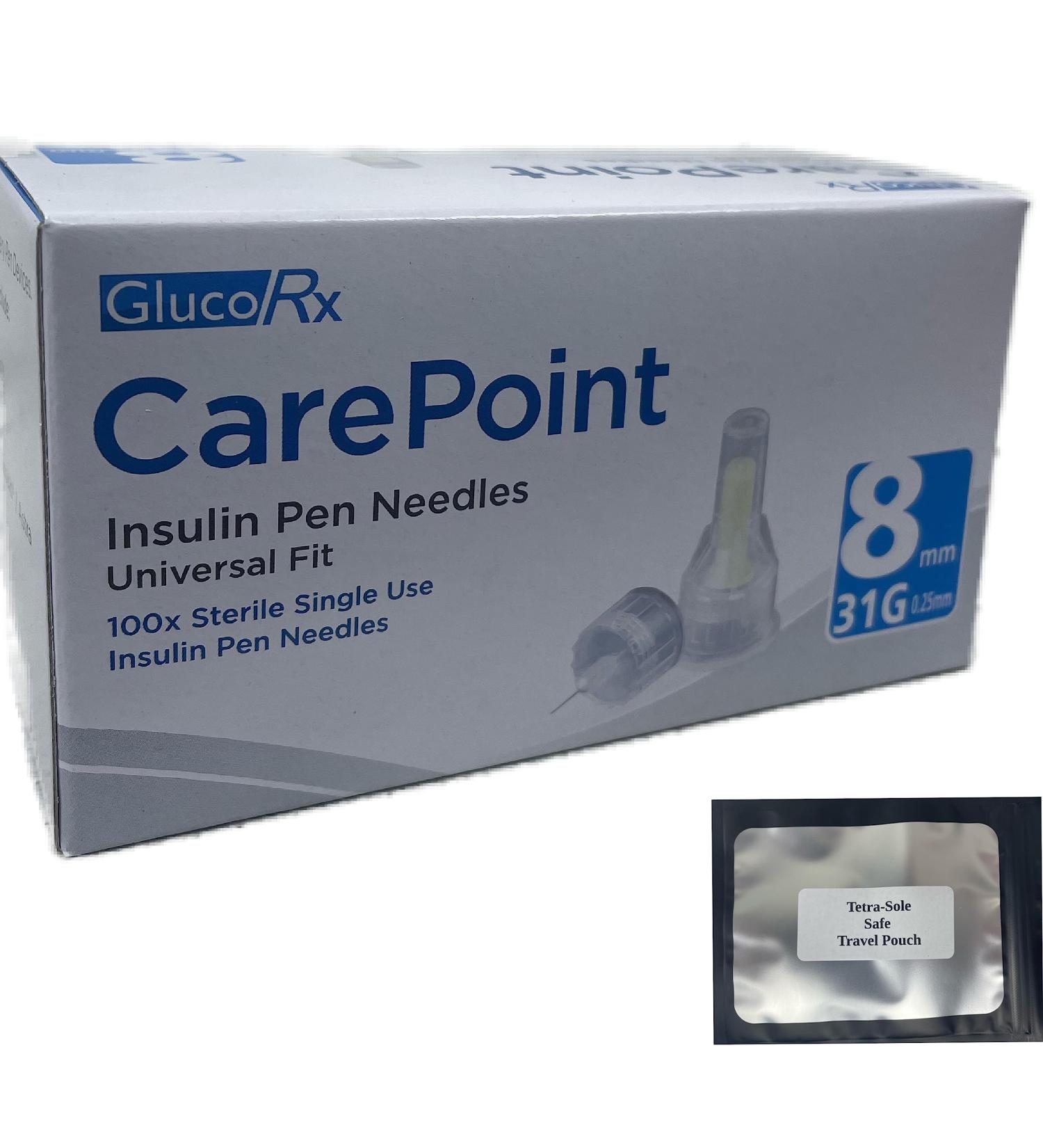 Glucorx Carepoint Diabetic Insulin Pen Tips 4mmx31G 5mmx31G 6mmx31G 8mmx31G 12mmx29G + FREE Tetra-Sole Travel Pouch (8mm 31G)