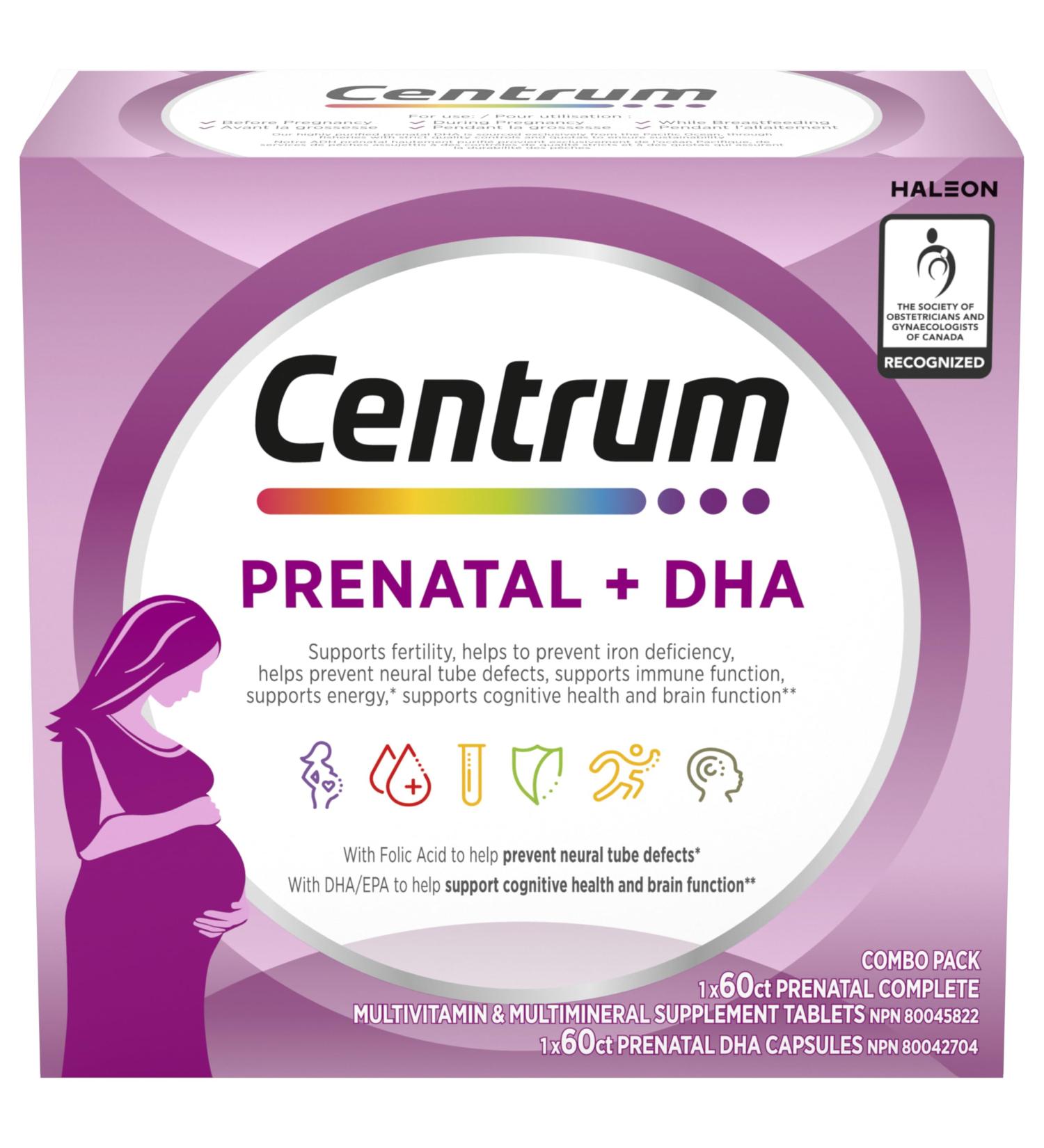 Centrum Prenatal Multivitamins/Minerals with Folic Acid and DHA Multivitamins Supplement with Omega 3 60 Prenatal Tablets & 60 DHA Softgels (120 Total Count) (Packaging May Vary) - Buy Online on GoSupps.com