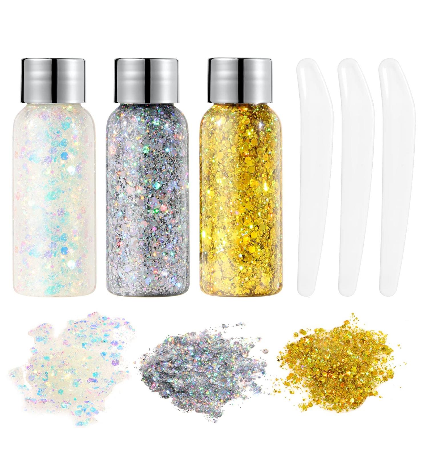 URAQT Body Glitter Gel Set - Holographic Mermaid Sequins & Chunky Cosmetic Glitter for Face, Body, Hair & Nails - Sparkling Festival Party Lotion - White, Silver & Gold - 3Pcs - Buy Online on GoSupps.com