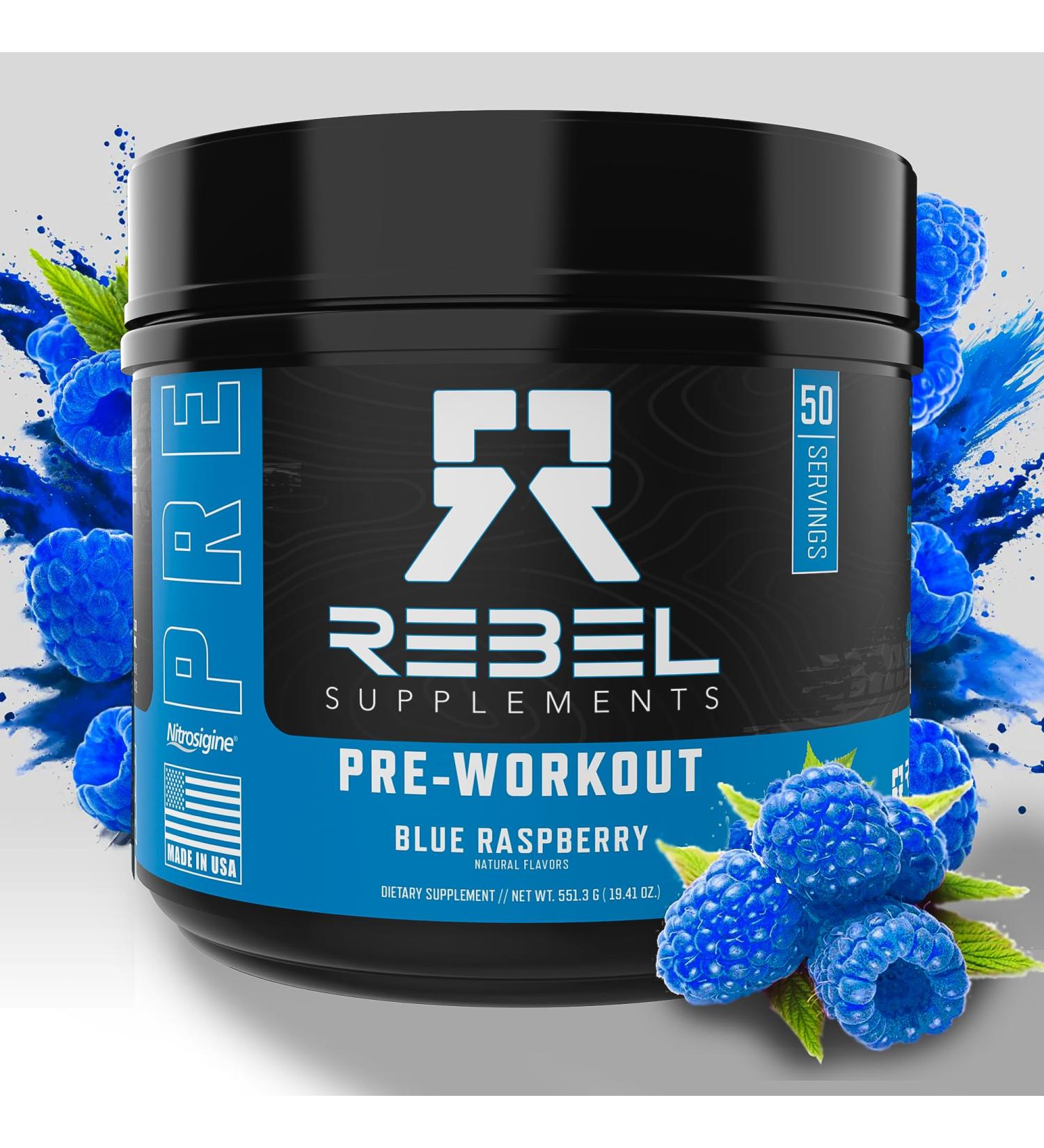 Rebel Supplements Blue Razz Loaded Pre Workout - Extreme Energy Focus & Pumps | 50 Servings | 7000mg L-Citrulline 4000mg Beta Alanine 350mg Caffeine - Buy Online on GoSupps.com