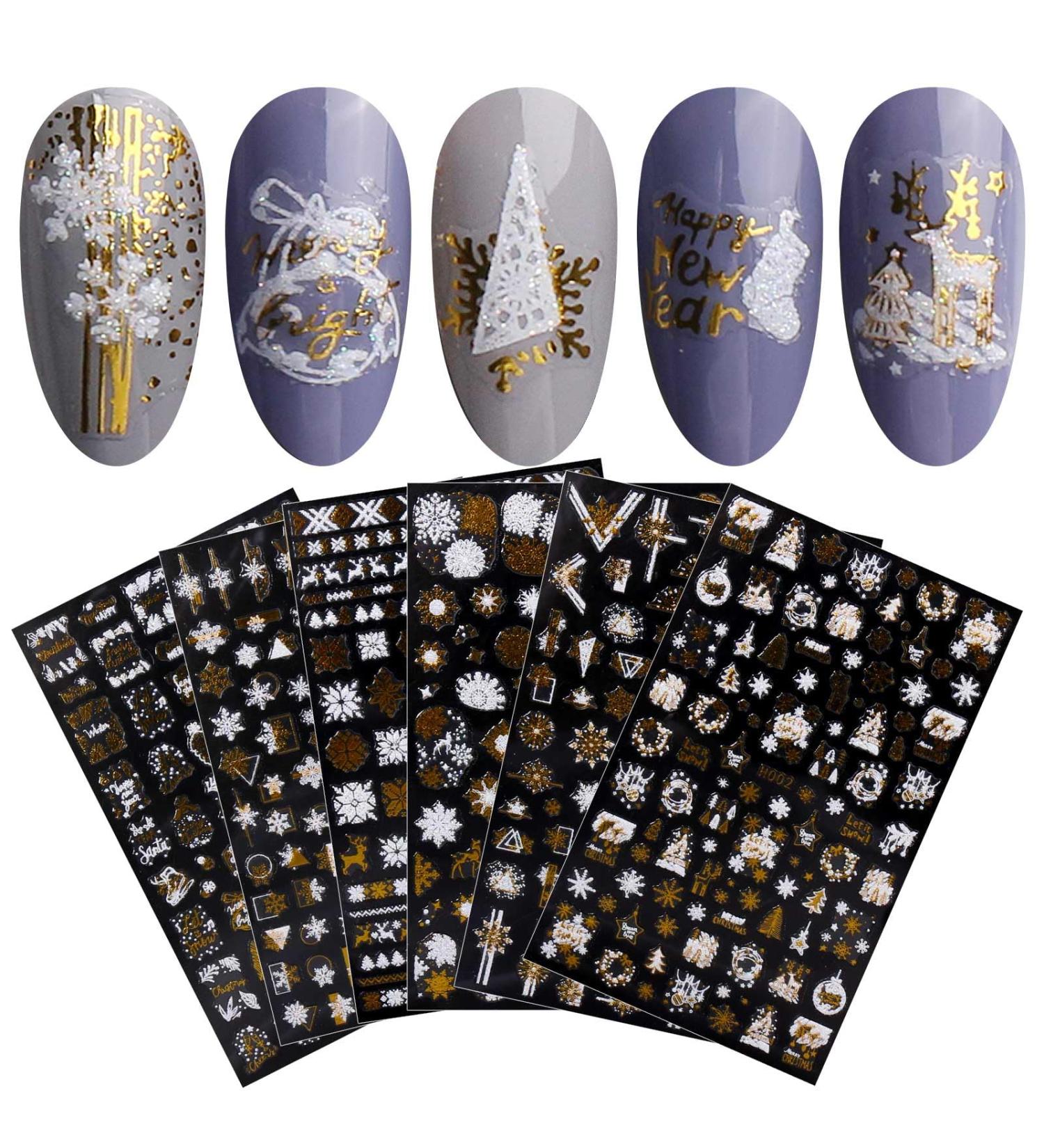 JMEOWIO Christmas Glitter Nail Art Stickers - 8 Sheets Snowflake Xmas Decals in Gold & White - Buy Online on GoSupps.com