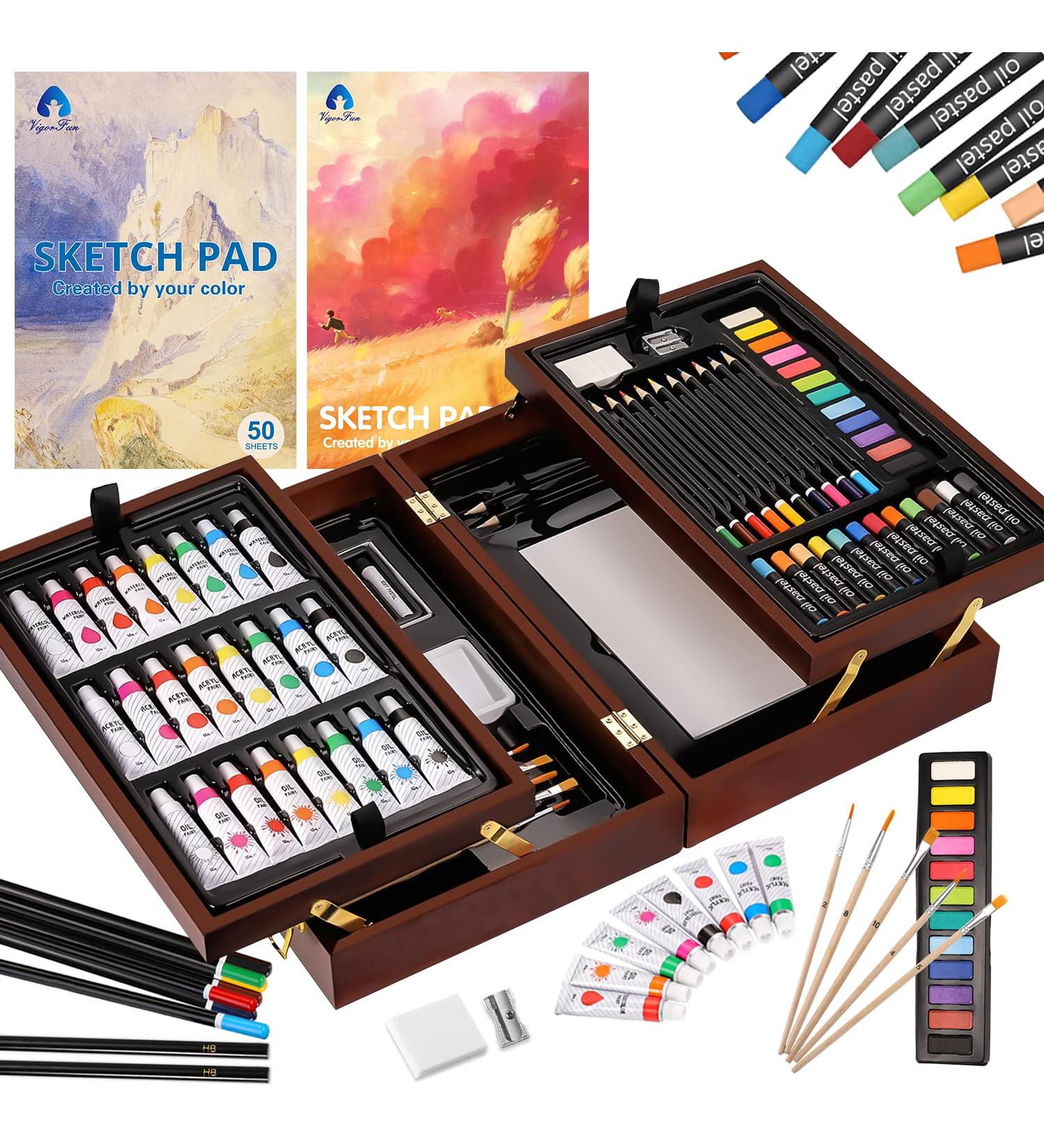 Vigorfun Deluxe Wooden Art Set - 85 Piece Crafts Drawing Painting Kit with Sketch Pads, Oil Pastels, Acrylic, Watercolor Paints - Creative Gifts Box for Artists, Adults, Kids, Teens, Girls - Buy Online on GoSupps.com