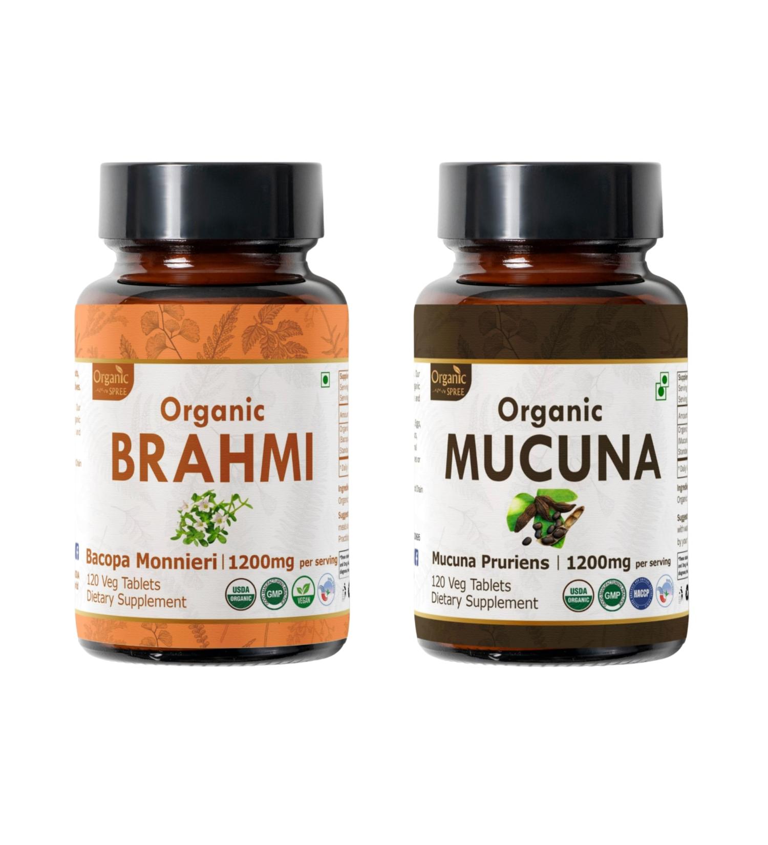 ORGANIC SPREE Brahmi & Mucuna Supplement 120 Tablets Each USDA Organic Bacopa Monnieri & Mucuna Pruriens - Buy Online on GoSupps.com