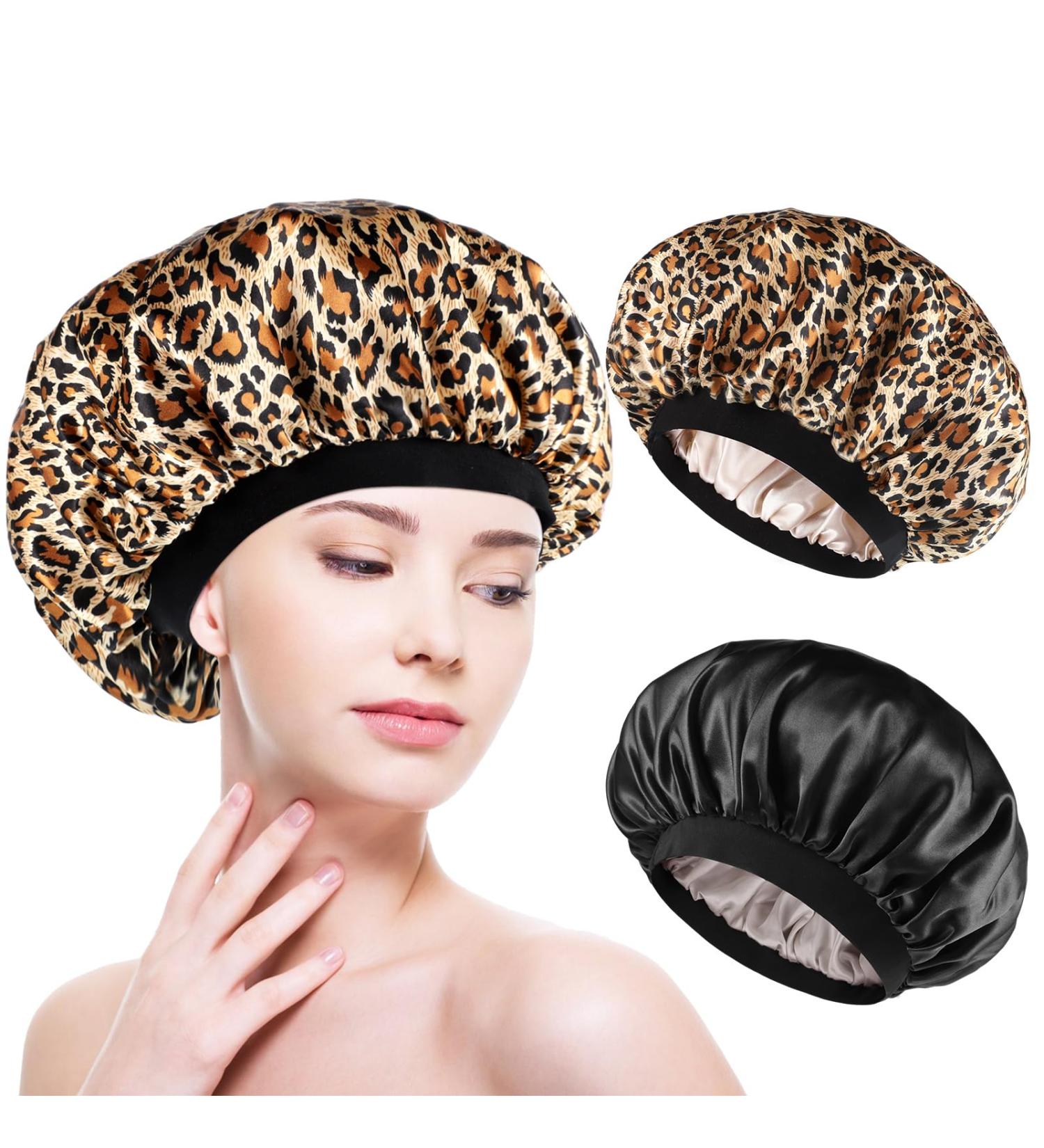 Double-Sided Satin Hair Hood Bonnet - 2-Piece Sleep Cap for Women & Girls | Soft Breathable Nighttime Hair Protection (Black & Leopard) - Buy Online on GoSupps.com