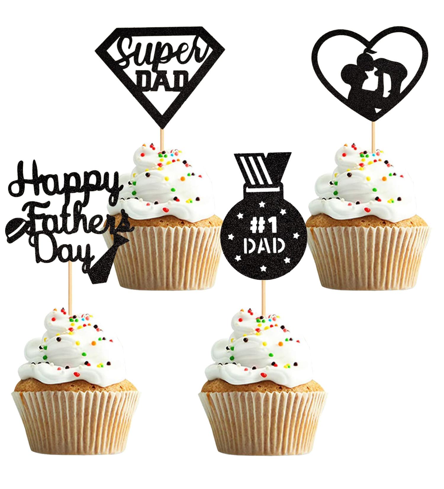 UXYOKM 24Pcs Happy Father's Day Cupcake Toppers Black Glitter Super Dad Heart Medal Cupcake Picks for Fathers Day Party Cake Decorations Supplies Black a - Buy Online on GoSupps.com