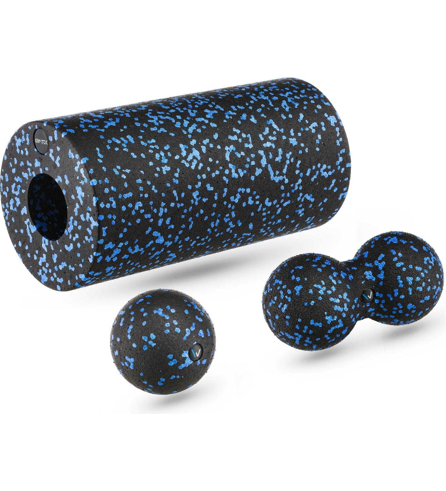 Gymtek Massage Ball Set - 2 Balls & Roller for Muscle Recovery Fascia Massage Yoga & Acupressure - Black & Blue - Buy Online on GoSupps.com