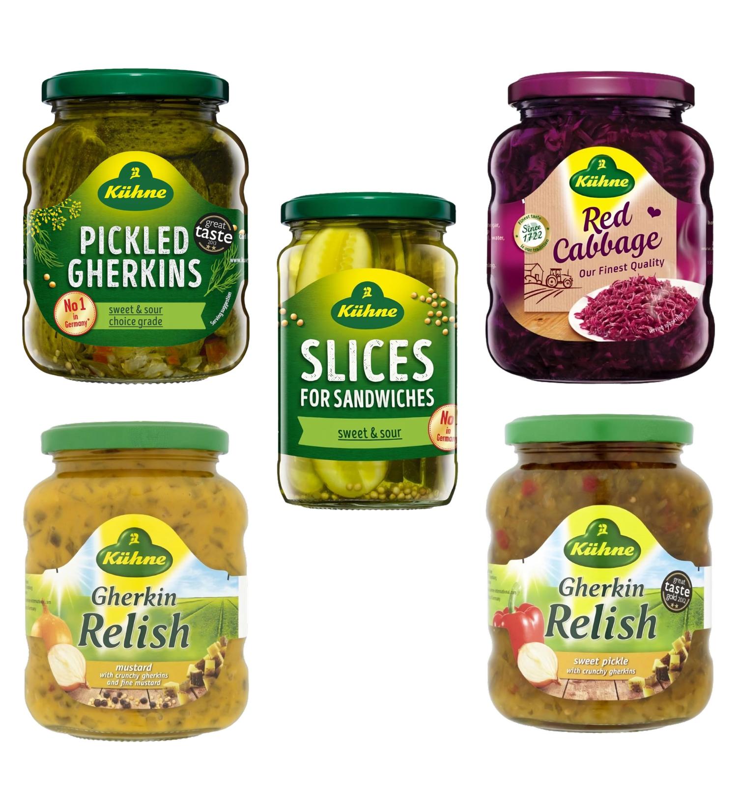 Kuhne Pickle Gherkins Pick N Mix | Choose From 5 Flavours |Sweet & Sour Red Cabbage Relish - Mustard Relish - Sweetwith Sweet& Sour- Pack of 3 - Buy Online on GoSupps.com