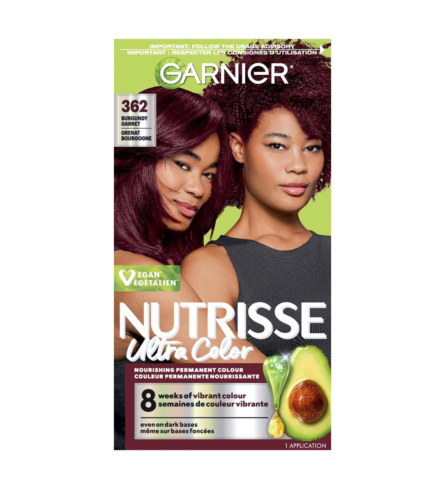 Garnier Nutrisse Ultra Color Permanent Hair Dye Vibrant Long-Lasting Colour Vegan Formula Nourished Hair Protects Hair Against Dryness 362 Burgundy Garnet 1 Application Packaging May Vary RED SHADES 362 Burgundy Garnet - Buy Online on GoSupps.com